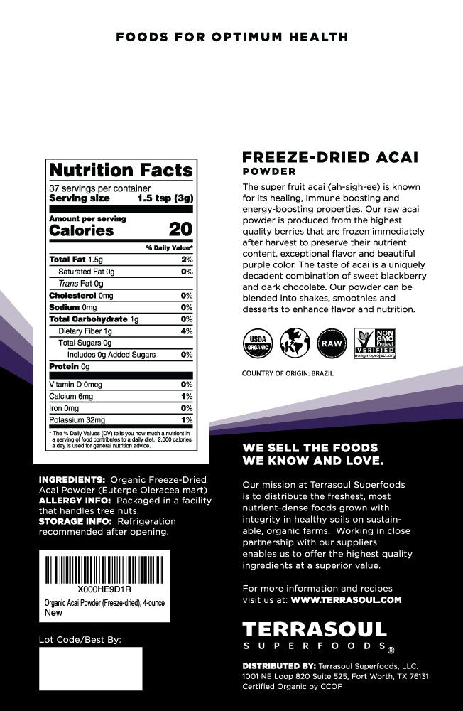 Terrasoul Organic Acai Berry Powder — 4 oz x 2, Freeze-Dried, Antioxidant-Rich