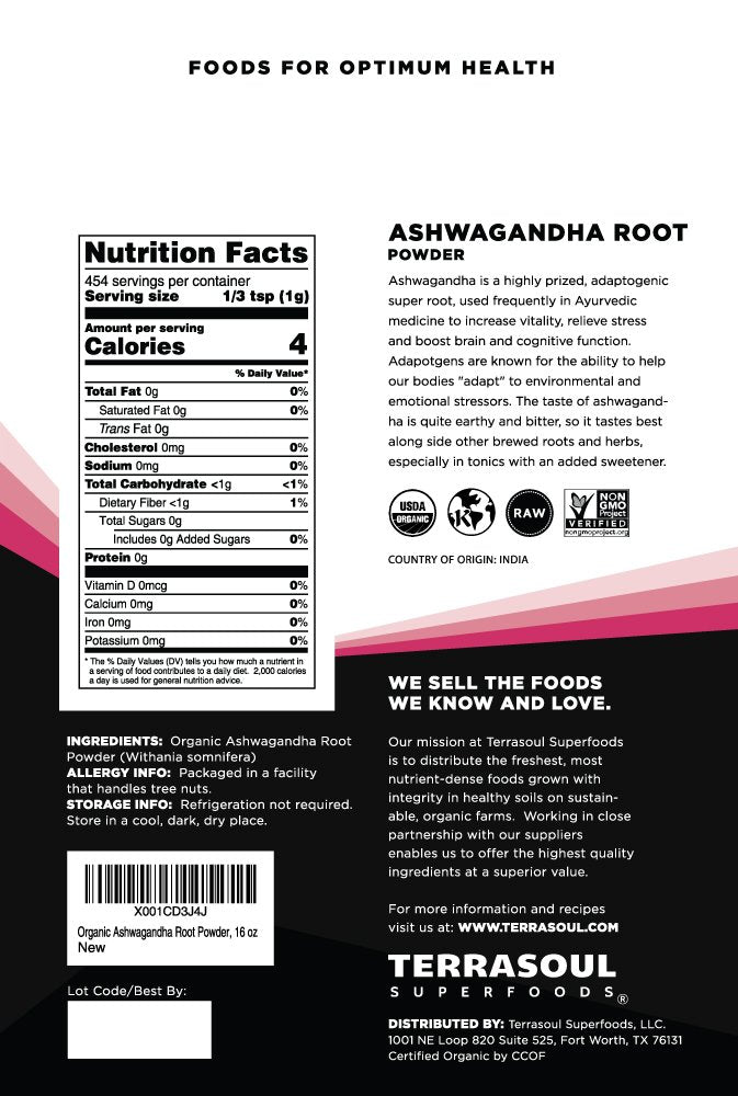 Terrasoul Superfoods Organic Ashwagandha Root Powder 6oz