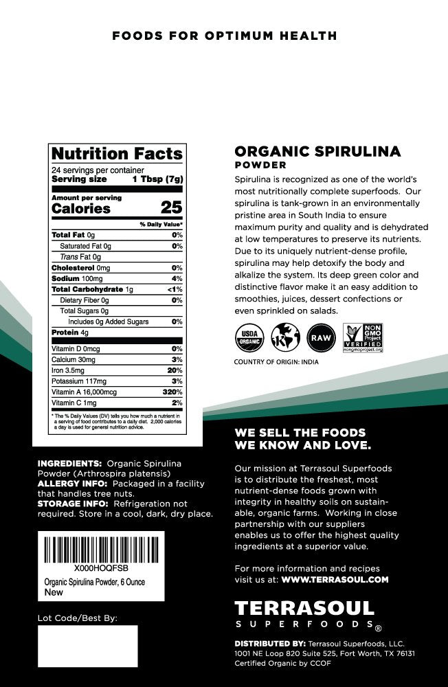 Terrasoul Organic Spirulina Powder – 6 oz (Pack of 2) | Vegan Protein & Green Superfood