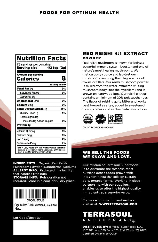 Terrasoul Reishi Mushroom Powder 4:1 Extract – 11 oz (2 Pack) – Organic
