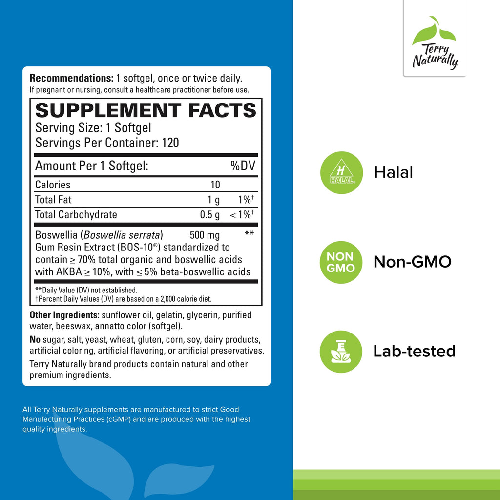 Terry Naturally BosMed 500 Extra Strength Boswellia Softgels for Lung Support | AKBA-Rich Boswellia Serrata, 120 Softgels