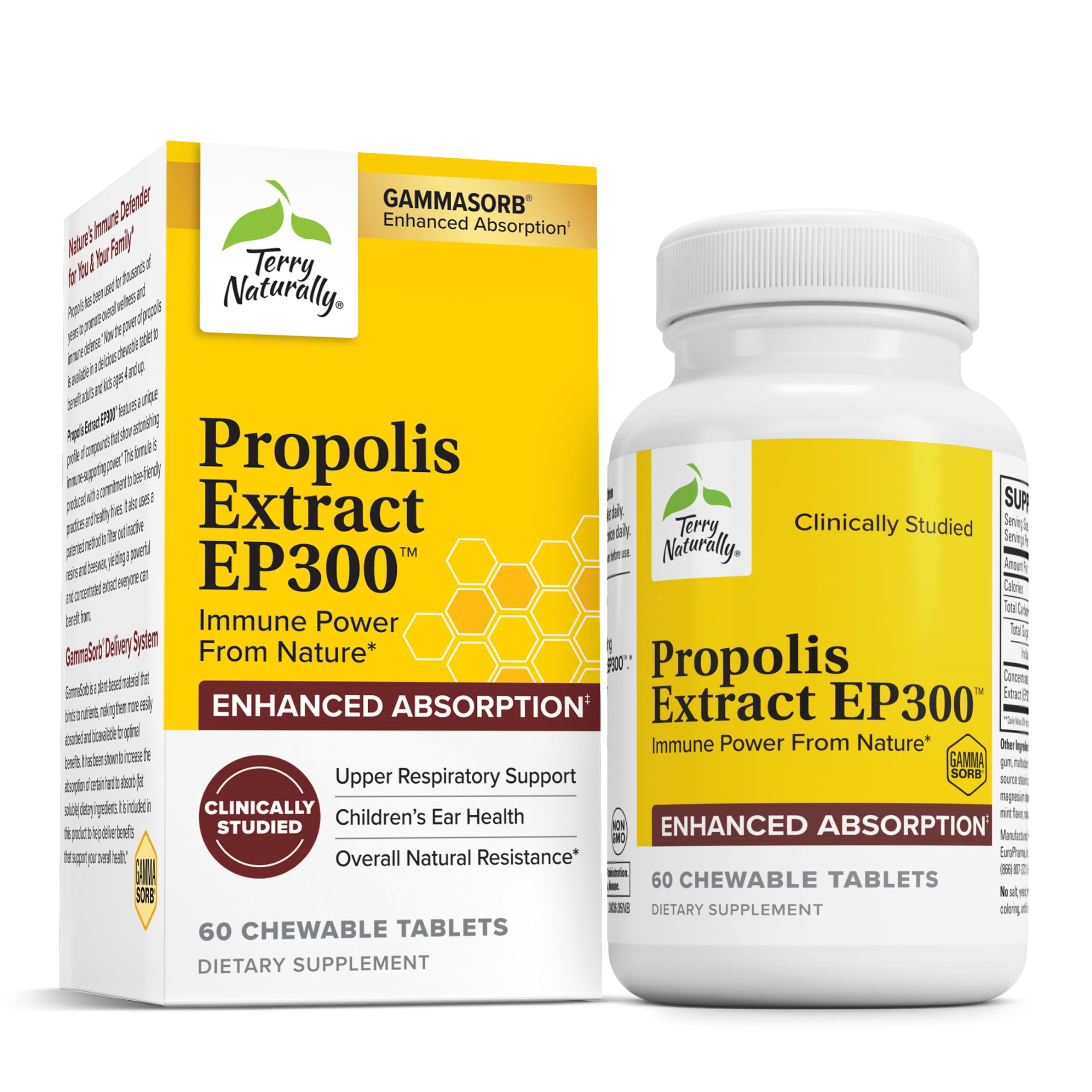 Terry Naturally Propolis Extract EP300 – Upper Respiratory & Immune Support | Non-GMO Propolis | 60 Chewable Tablets