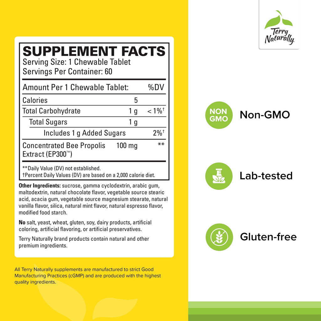 Terry Naturally Propolis Extract EP300 – Upper Respiratory & Immune Support | Non-GMO Propolis | 60 Chewable Tablets