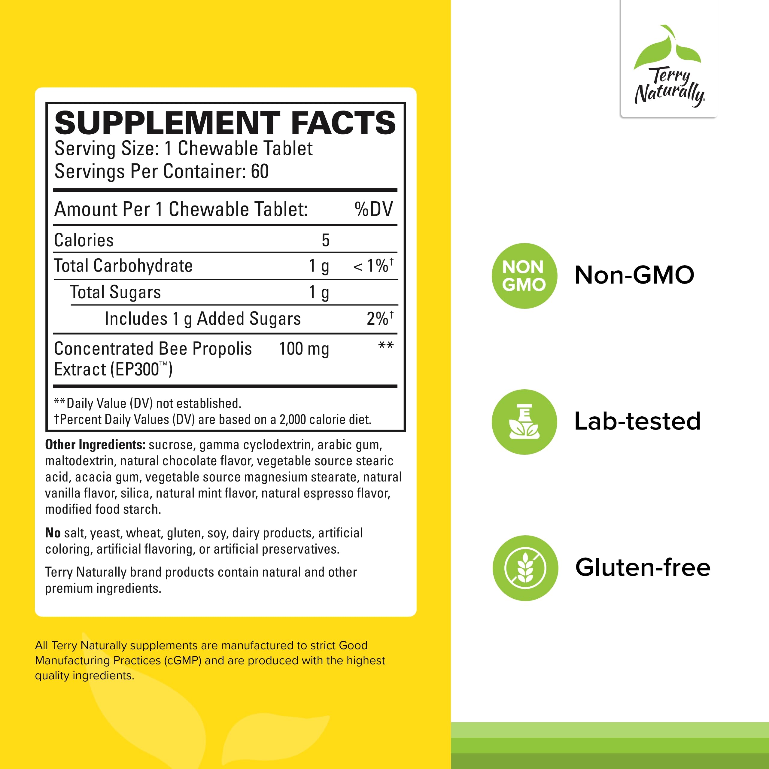 Terry Naturally Propolis Extract EP300 – Upper Respiratory & Immune Support | Non-GMO Propolis | 60 Chewable Tablets