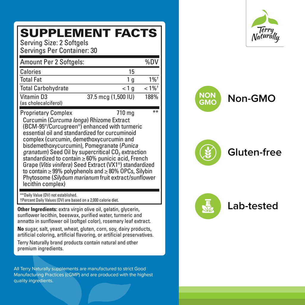 Terry Naturally Healthy PSA Levels – Prostate Health Dietary Supplement | BCM-95 Curcumin, Turmeric Oil, Grape Seed Extract – 60 Softgels