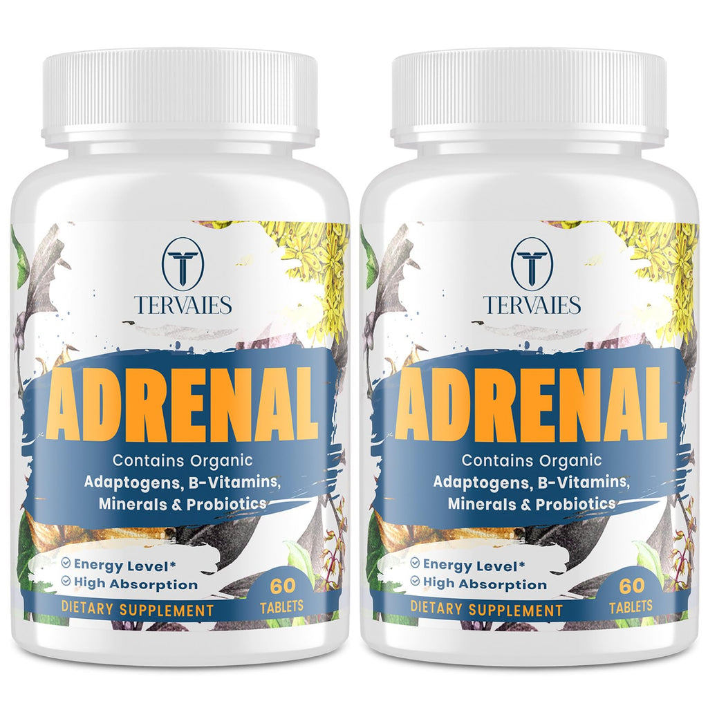 Tervaies Adrenal Support Adaptogen Supplements – Rhodiola, Ashwagandha, Holy Basil & Eleuthero | 120 Vegan Tablets
