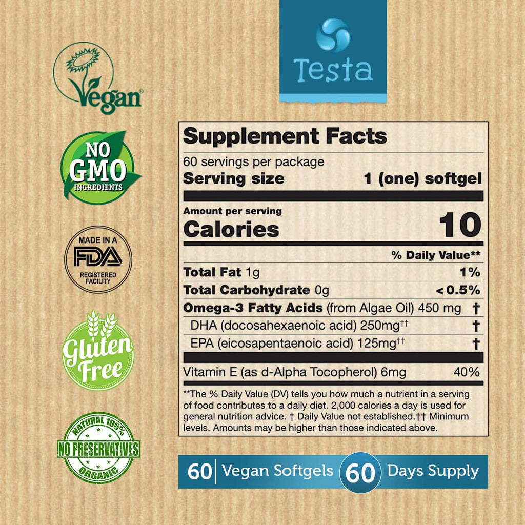 Testa Omega-3 Plant-Based DHA + EPA from Algae Oil | Pure Vegan Omega-3, 60 Capsules (8 Pack)