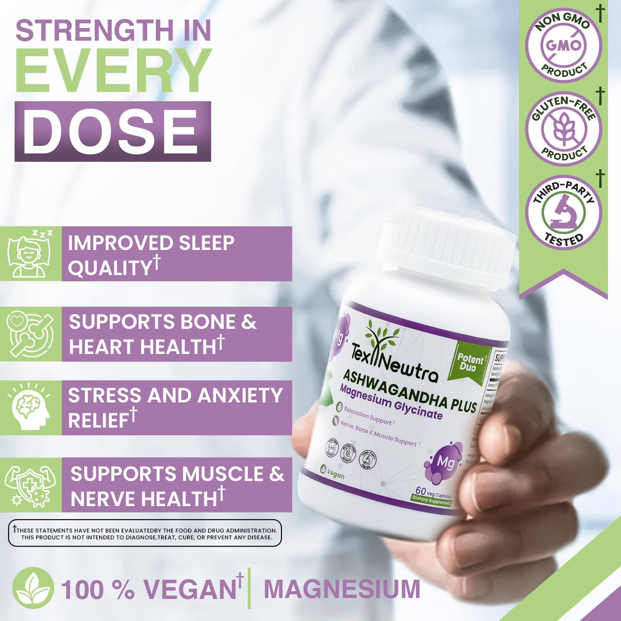 TEX NEWTRA Ashwagandha & Magnesium Glycinate – 60 Vegan Capsules | Non-GMO