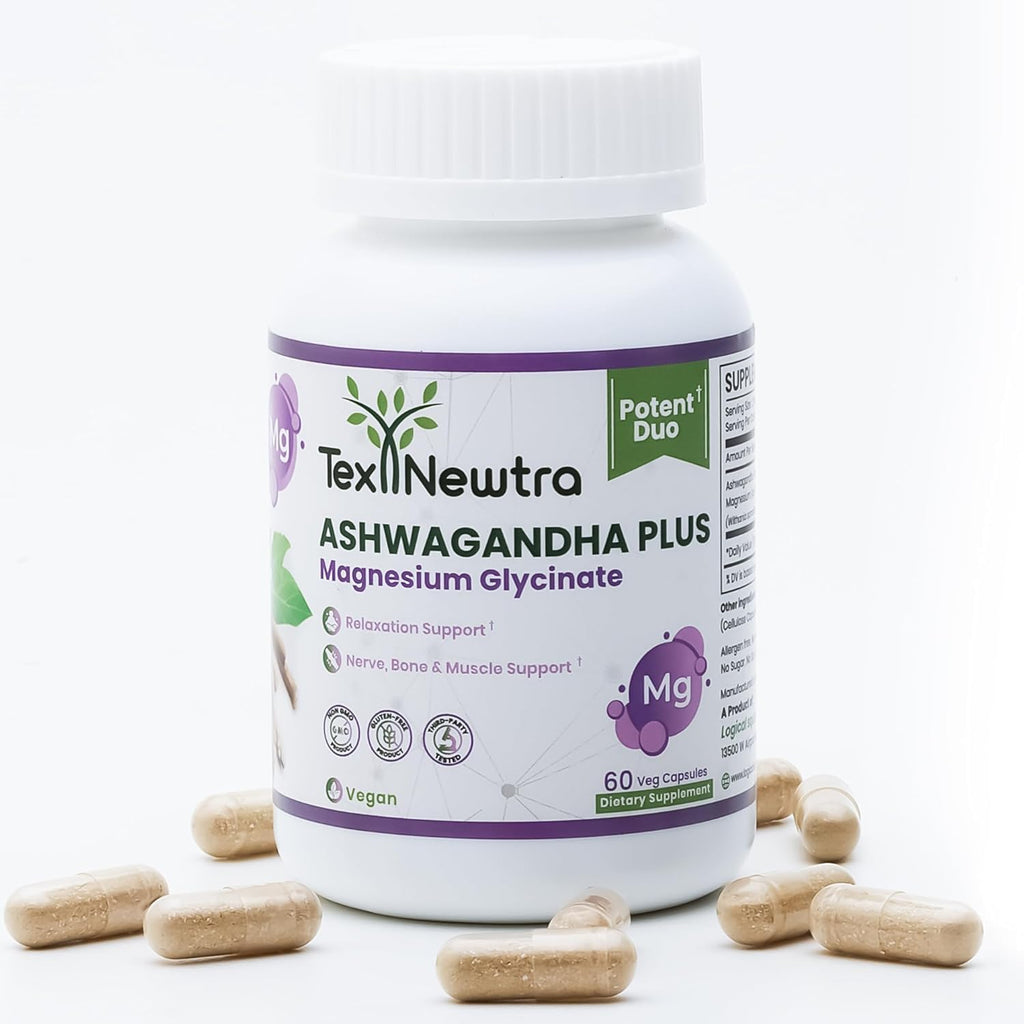 TEX NEWTRA Ashwagandha & Magnesium Glycinate – 60 Vegan Capsules | Non-GMO