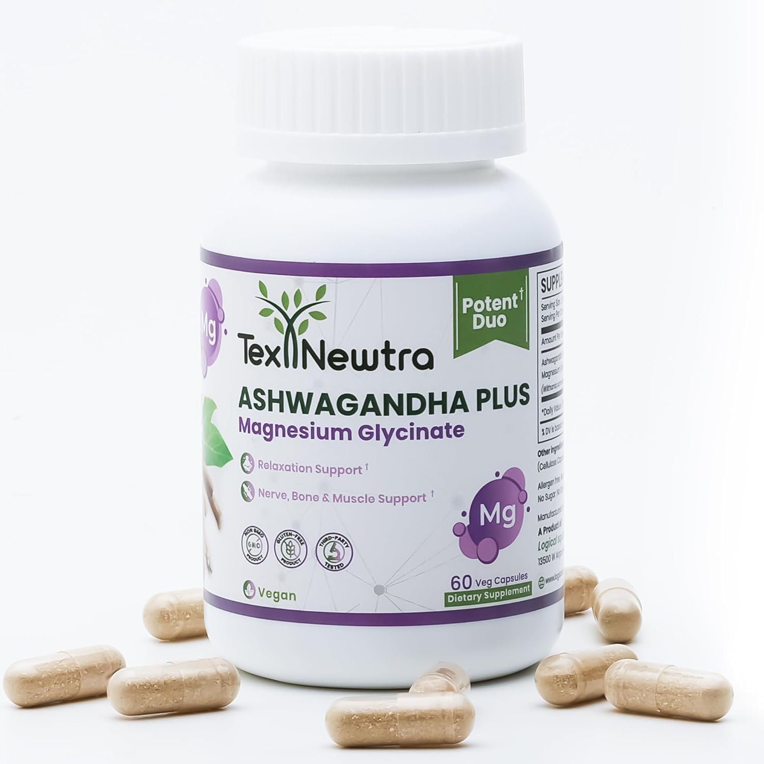 TEX NEWTRA Ashwagandha & Magnesium Glycinate – 60 Vegan Capsules | Non-GMO