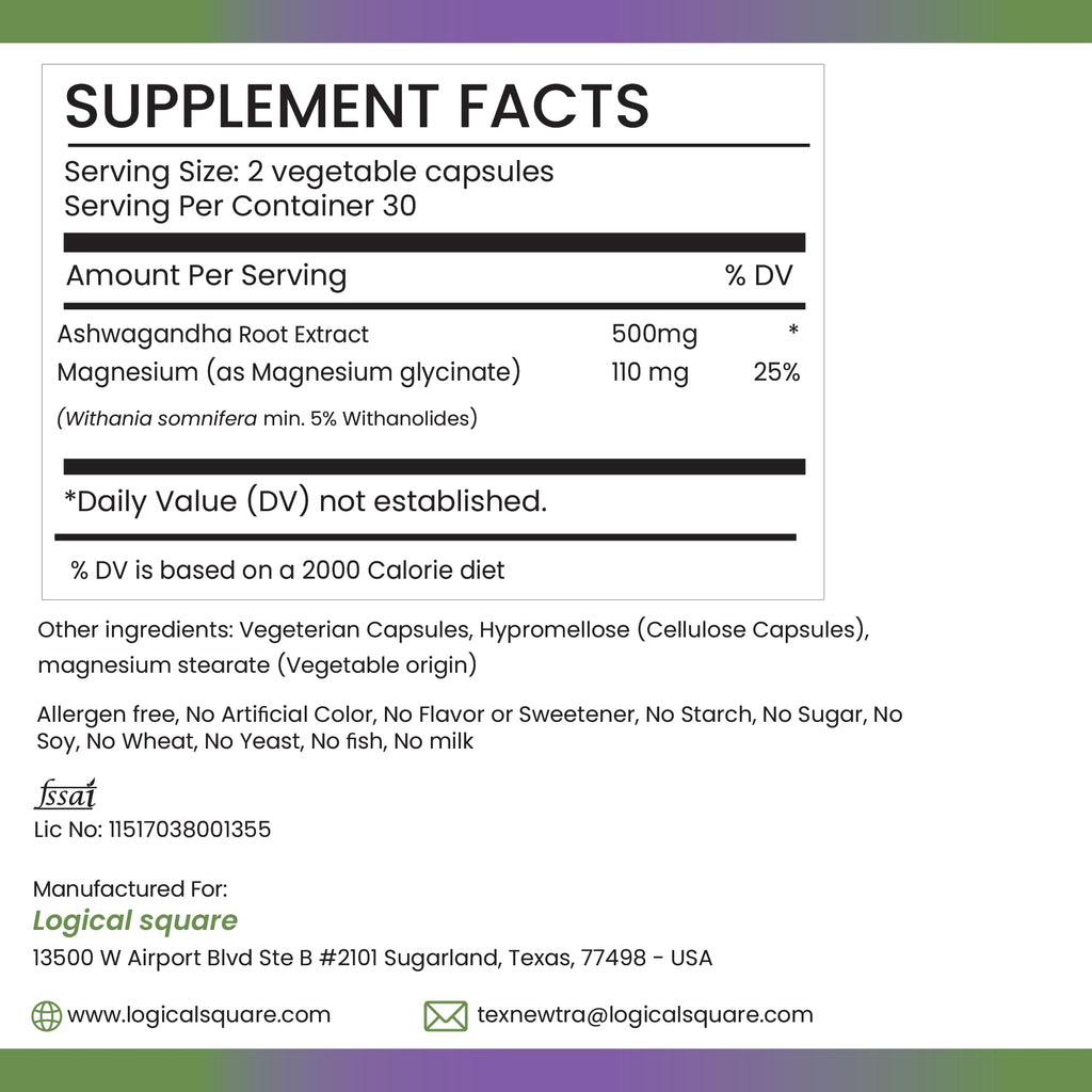 TEX NEWTRA Ashwagandha & Magnesium Glycinate – 60 Vegan Capsules | Non-GMO