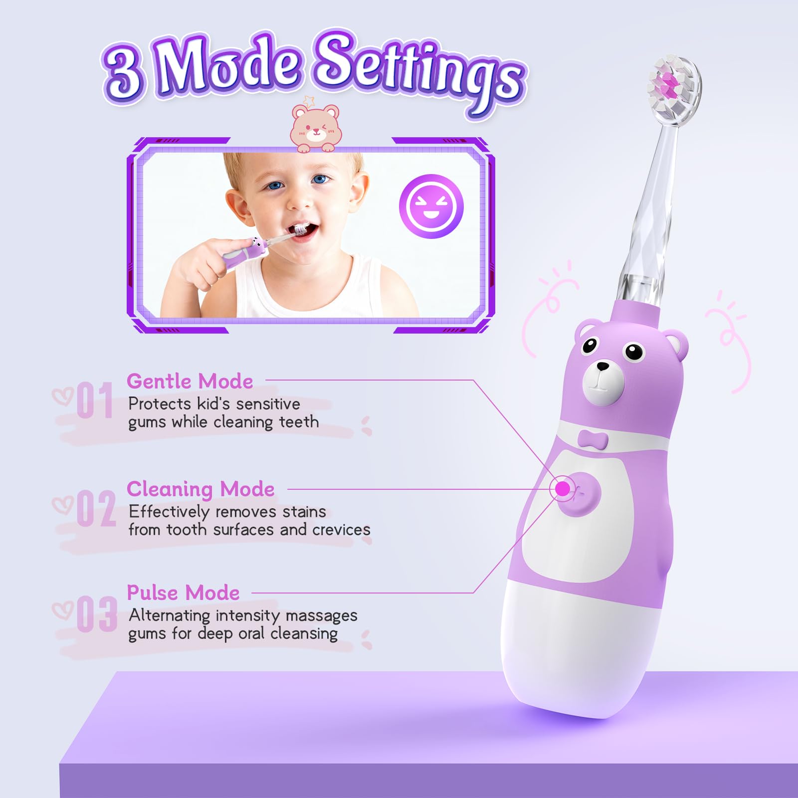 TFZTFZ Kids Electric Bear Toothbrush Set - Soft Bristle, Purple Bear Design