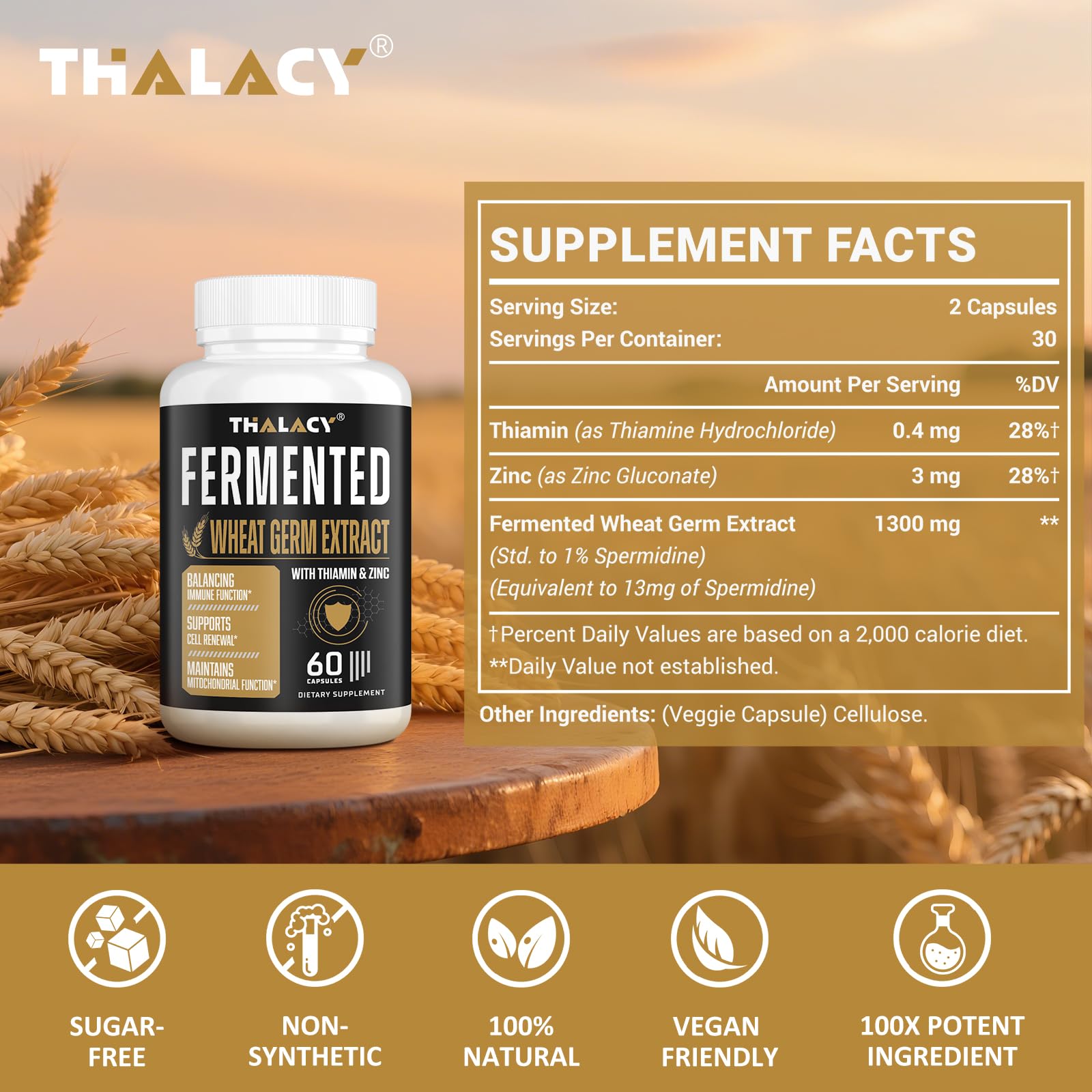 Thalacy Spermidine Wheat Germ Extract Capsules – 13 mg Spermidine, 1300 mg Formula, Zinc