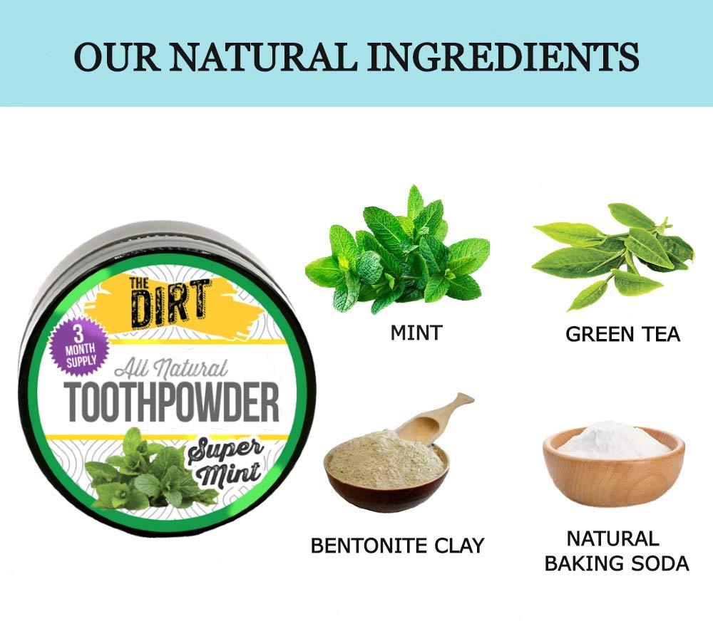 The Dirt Remineralizing Tooth Powder - Hydroxyapatite, Fluoride Free, Gluten Free, Organic Vegan (Super Mint, 25g)