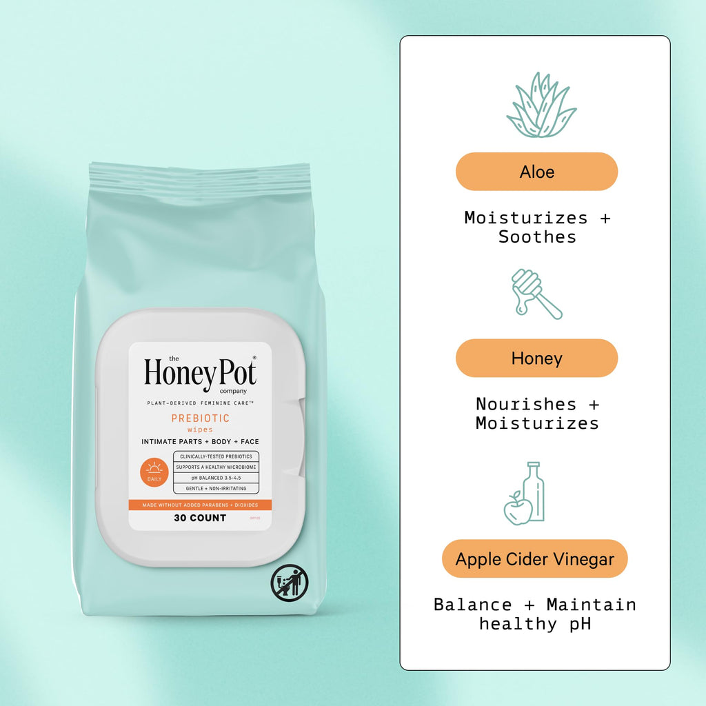 The Honey Pot Company Prebiotic Feminine Wipes – Daily pH Balance, Fragrance, Sulfate Free (30 ct)