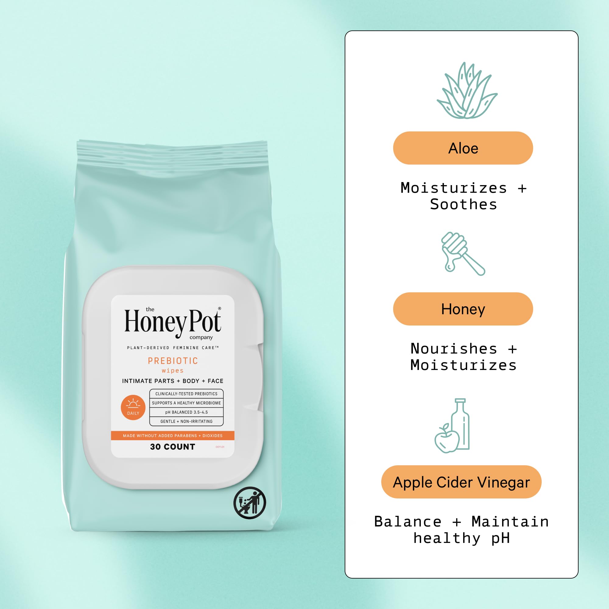 The Honey Pot Company Prebiotic Feminine Wipes – Daily pH Balance, Fragrance, Sulfate Free (30 ct)