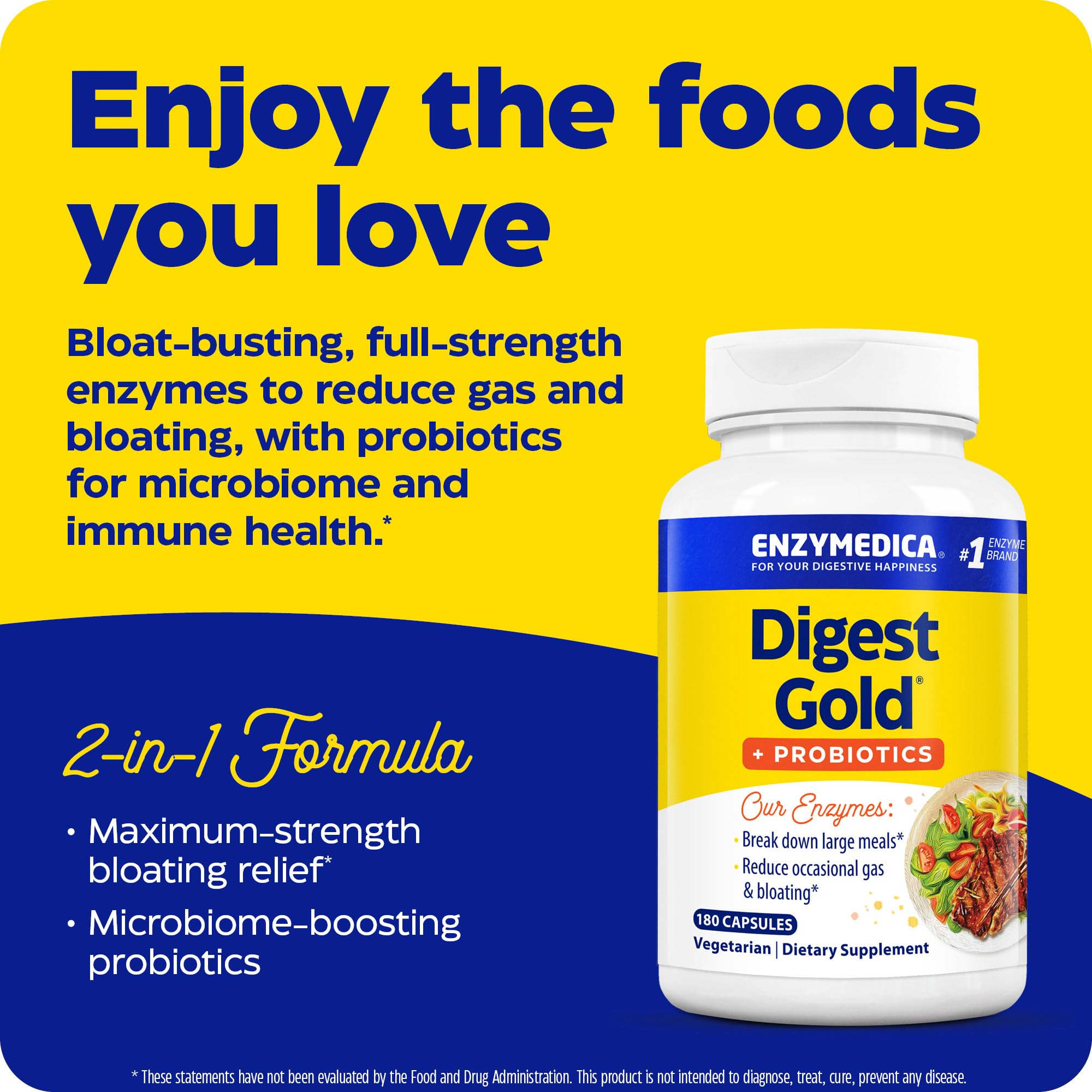 Enzymedica Digest Gold + Probiotics – 2-in-1 Digestive Enzymes & Probiotic Support, 180 Capsules