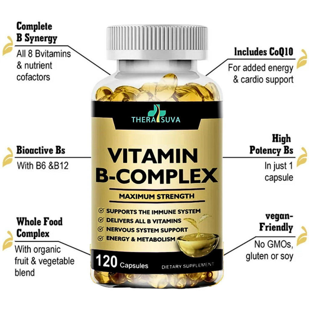 TheraSuva Vitamin B-Complex + CoQ10 + Vitamin C – Max Strength, 120 Softgels, 60 Day Supply