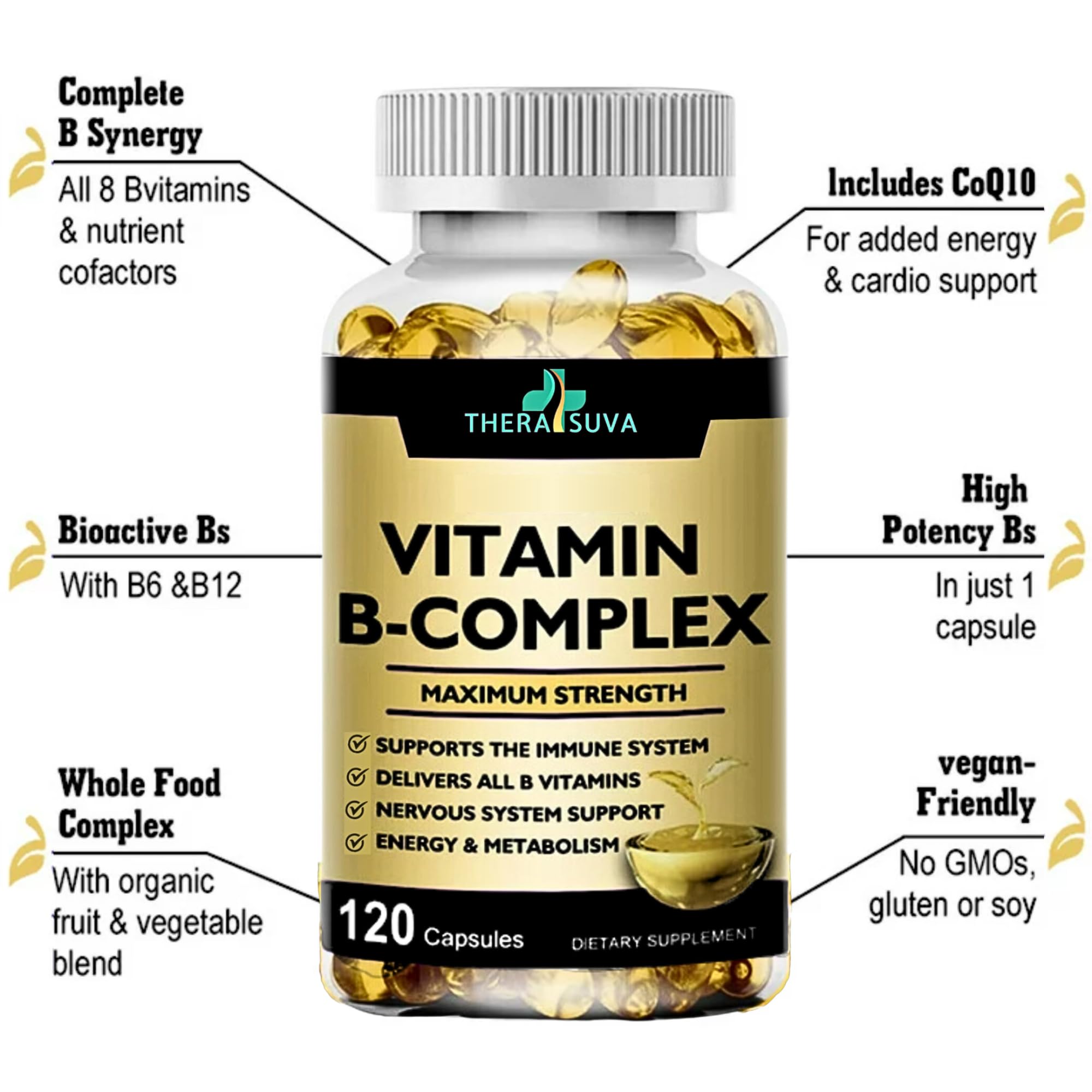 TheraSuva Vitamin B-Complex + CoQ10 + Vitamin C – Max Strength, 120 Softgels, 60 Day Supply