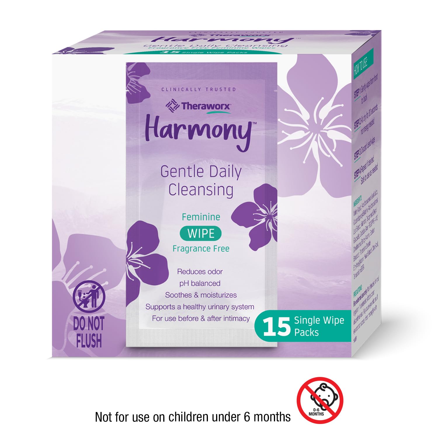 Theraworx Harmony Gentle Daily Cleansing Feminine Wipes – Fragrance Free, Travel Size, 15 Count