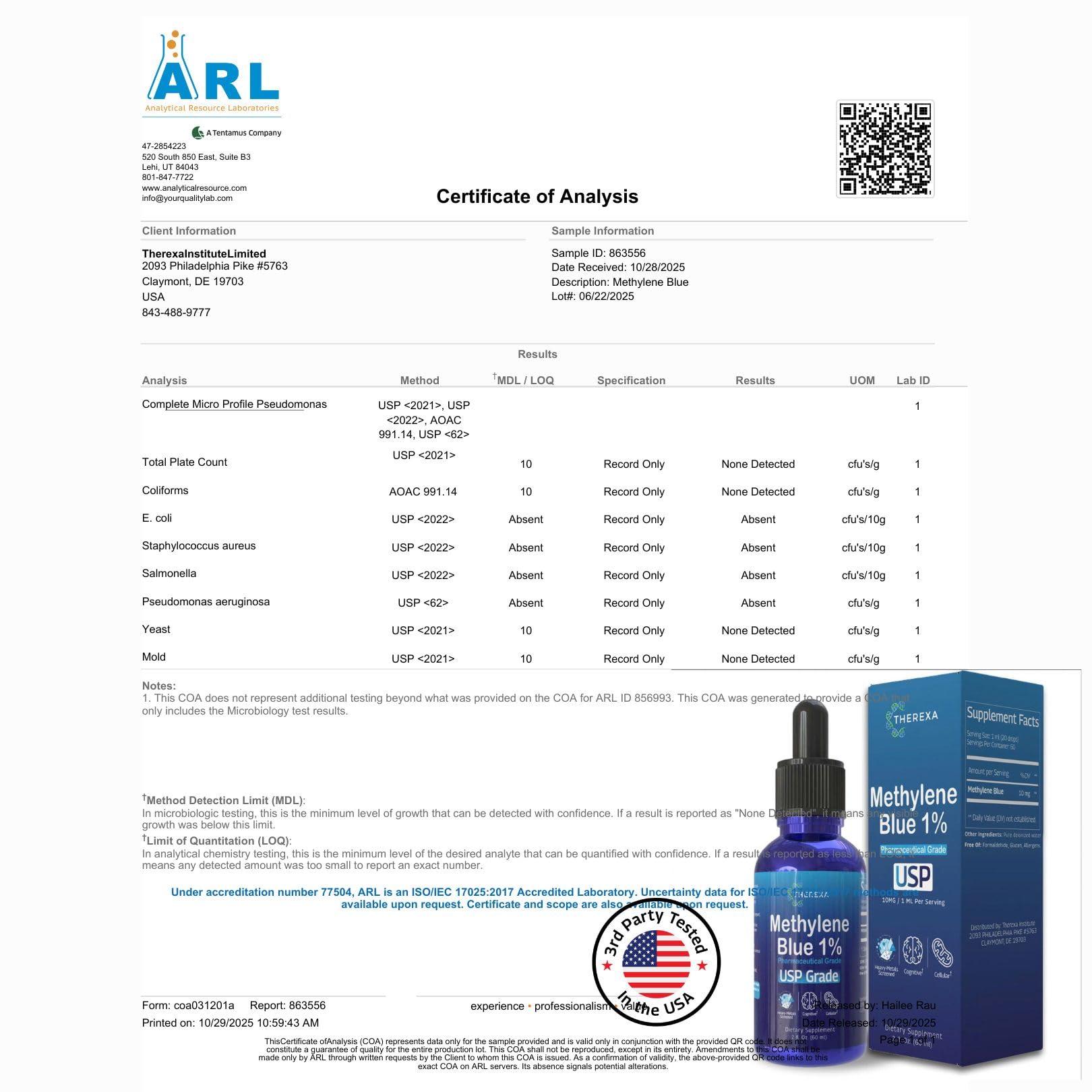 THEREXA Methylene Blue 1% Drops – USP Grade, 10 mg/mL, Formaldehyde-Free, cGMP Bottled (2 fl oz)