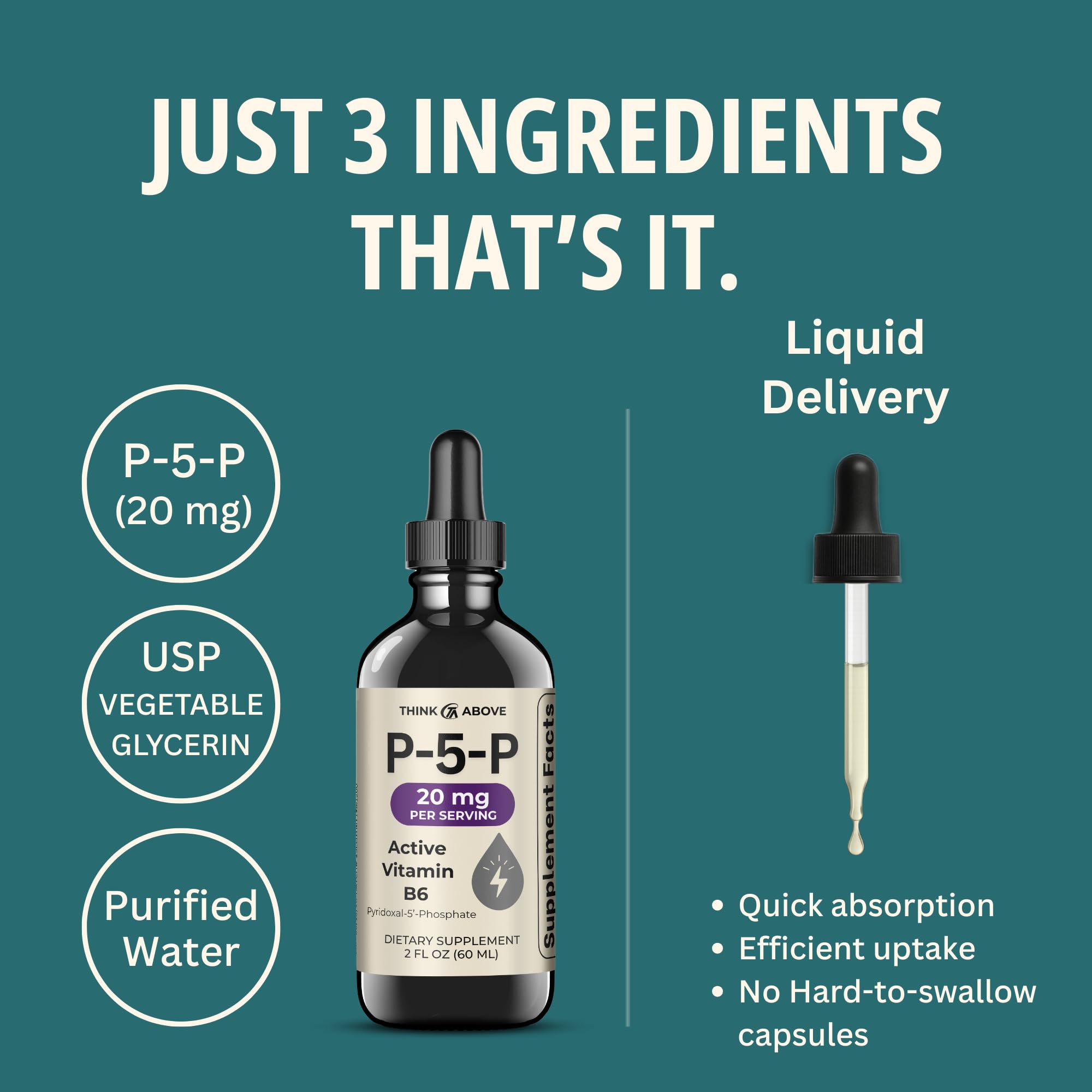 Think Above P5P Liquid Drops – Activated Vitamin B6 (Pyridoxal-5-Phosphate) – Fast Absorption – 2 oz