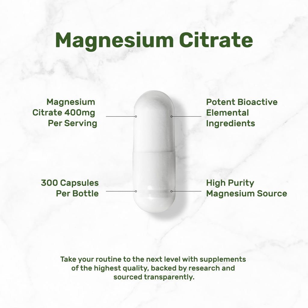 Magnesium Citrate 400mg – 300 Veggie Capsules | Chelated & High Absorption