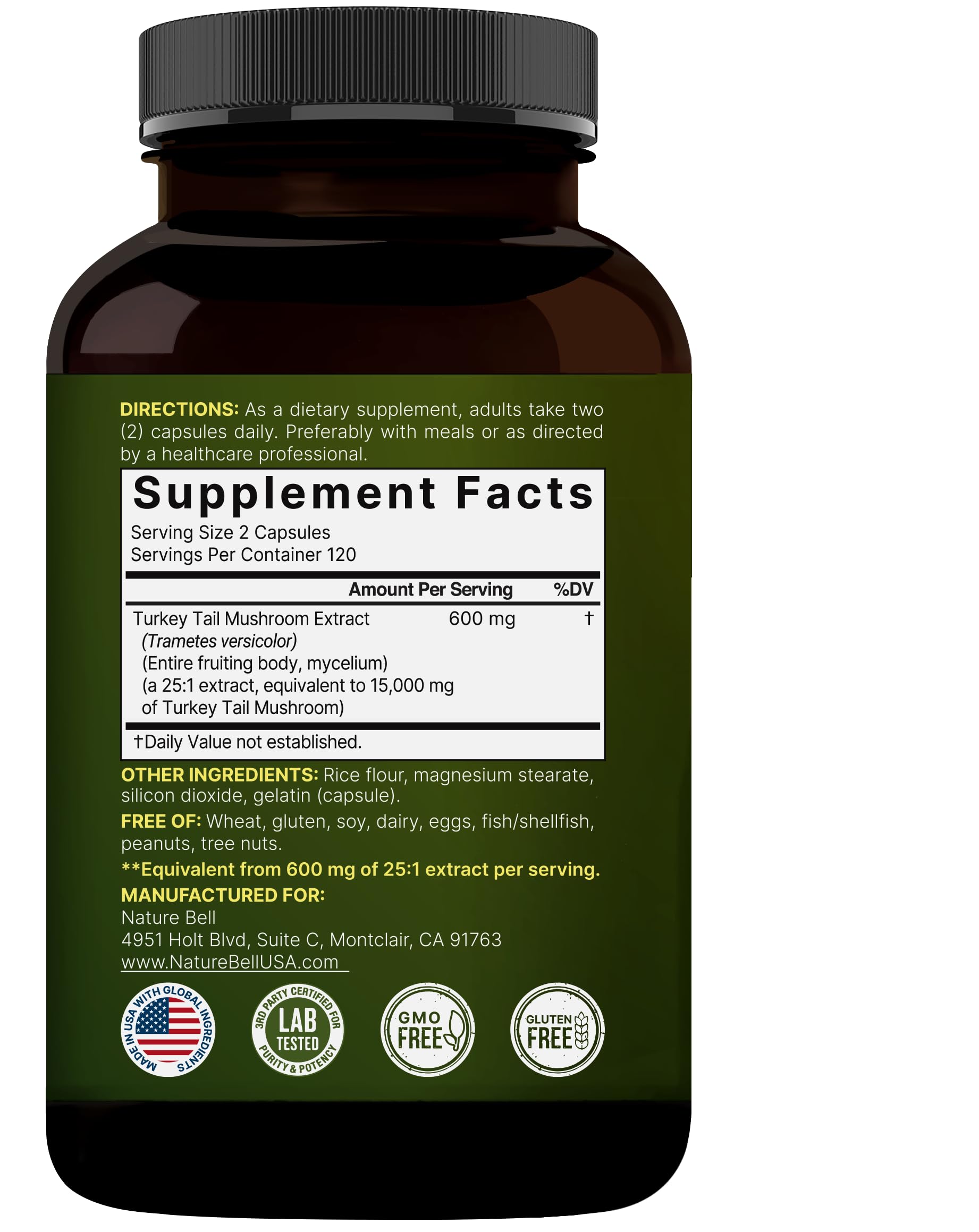NatureBell Turkey Tail Mushroom Capsules – 15,000mg per Serving | 240 Count | 25:1 Extract for Immune & Brain Health