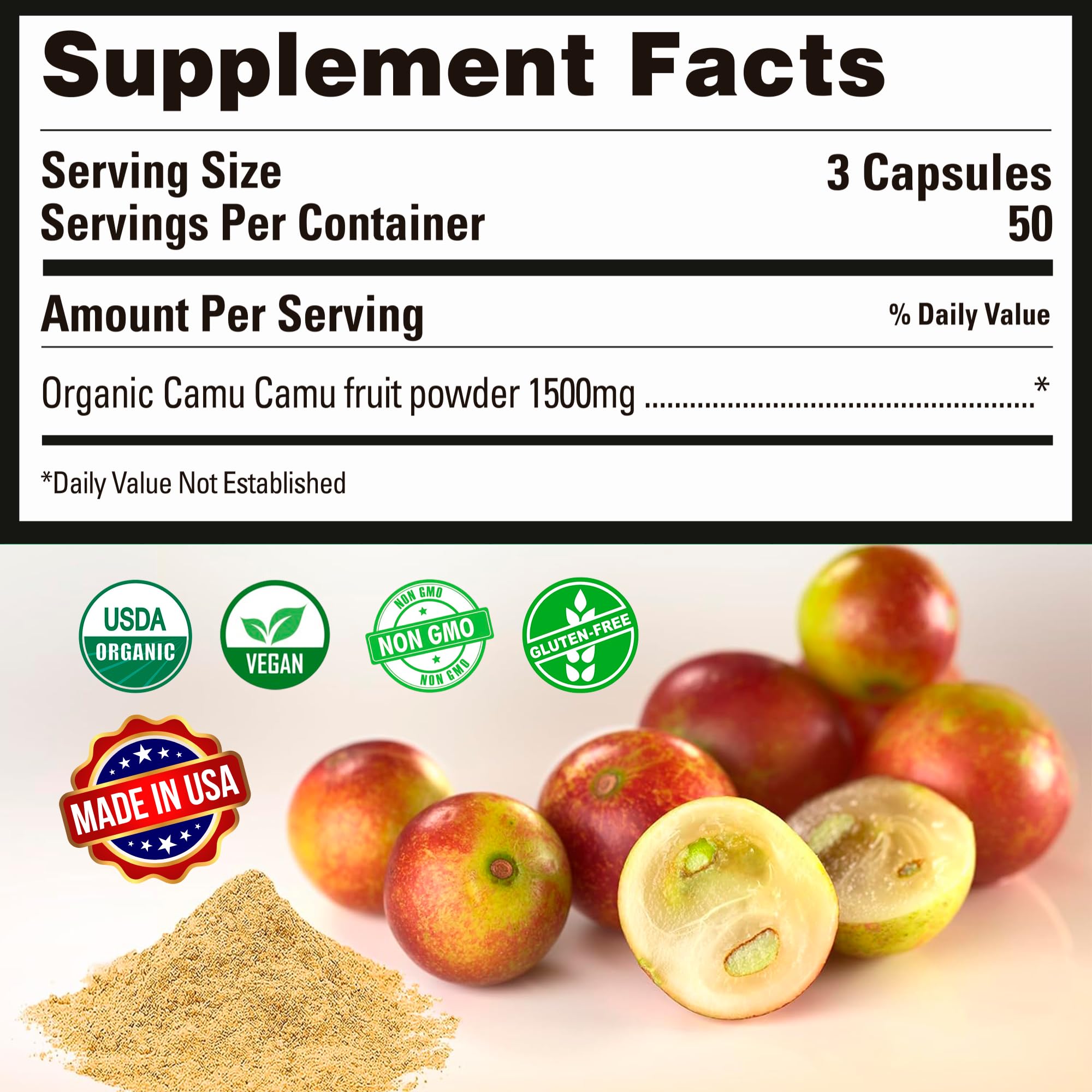 Peruvian Naturals Organic Vitamin C from Camu Camu Capsules 1,500mg - 300 Vegan Pills, Natural Vitamin C from Whole Food Camu Berry Organic, Non-GMO