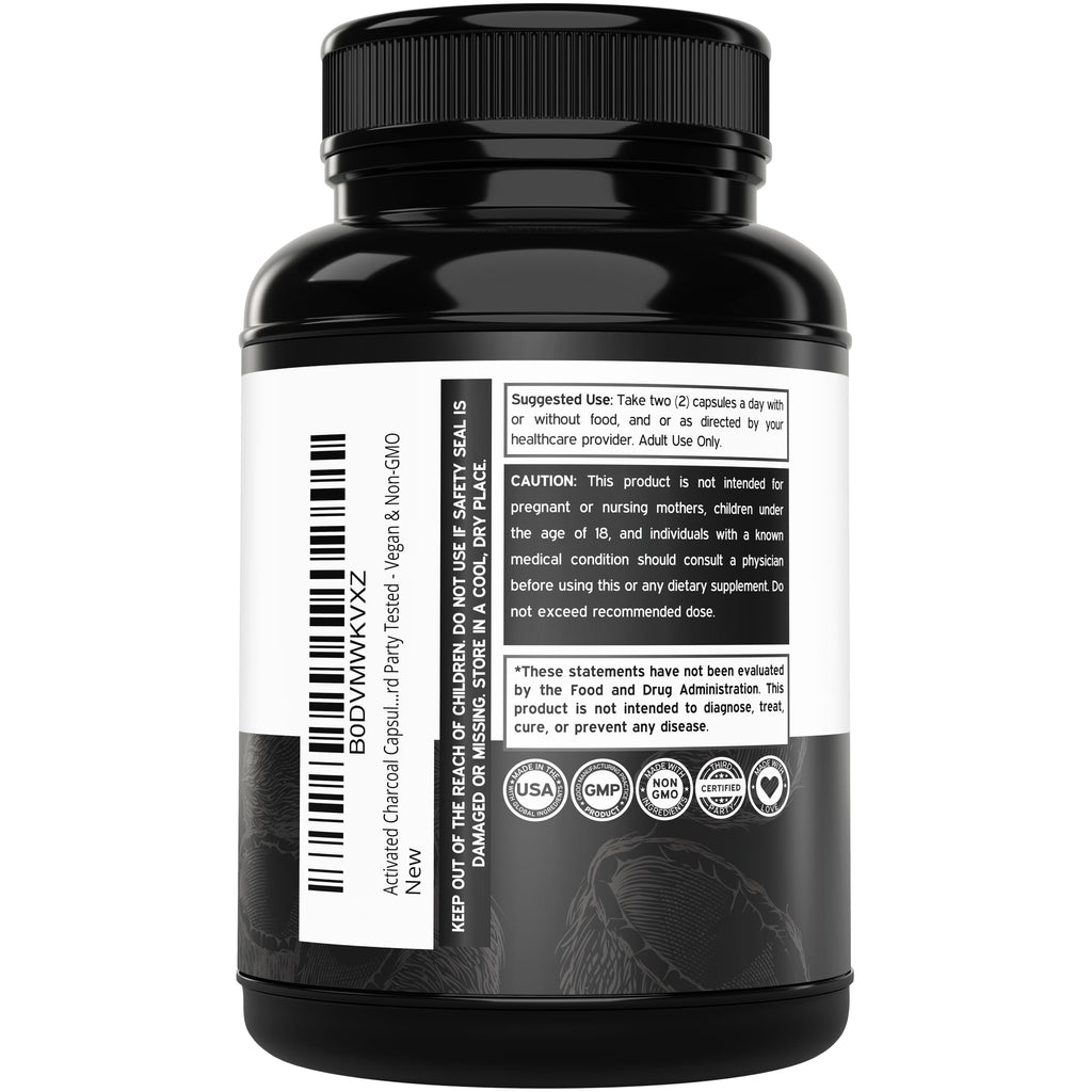 Organic Activated Charcoal Pills – 120 Capsules, 520mg per Serving – USA Made