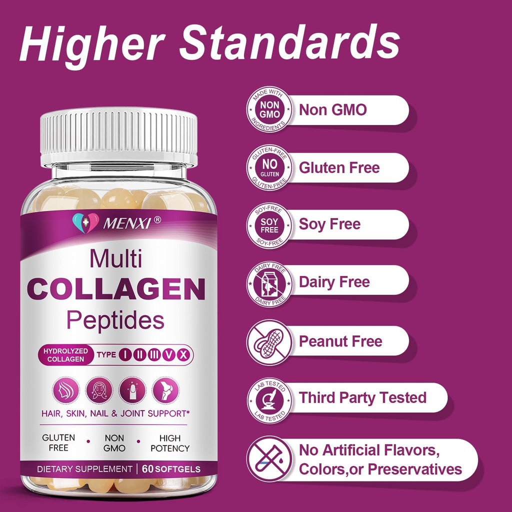 Multi Collagen Peptides Softgels – Types I, II, III, V, X – Biotin, Vitamin C & Hyaluronic Acid – Skin, Hair, Nails & Joints – Non-GMO, 60 Softgels