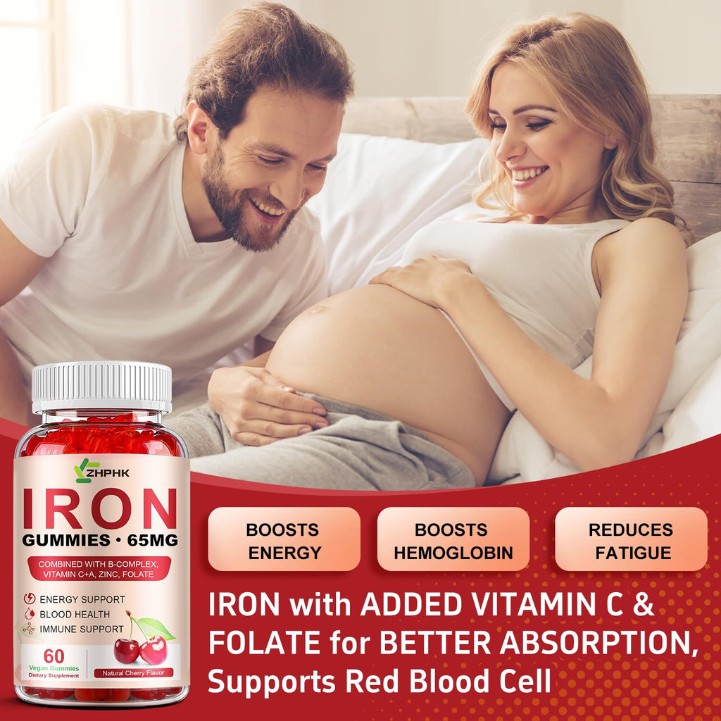 Iron Gummies 65mg Iron + Vitamin C 250mg | For Women, Men & Kids – Cherry (60 Count)