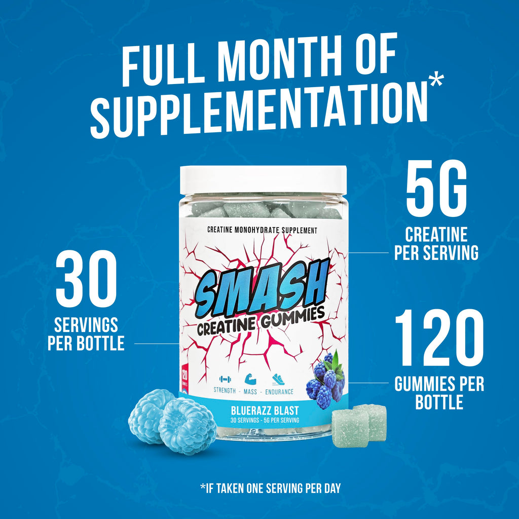 Creatine Monohydrate Gummies 5g Dose – Made in USA, Vegan, Gluten Free | Bluerazz Blast 120 Gummies