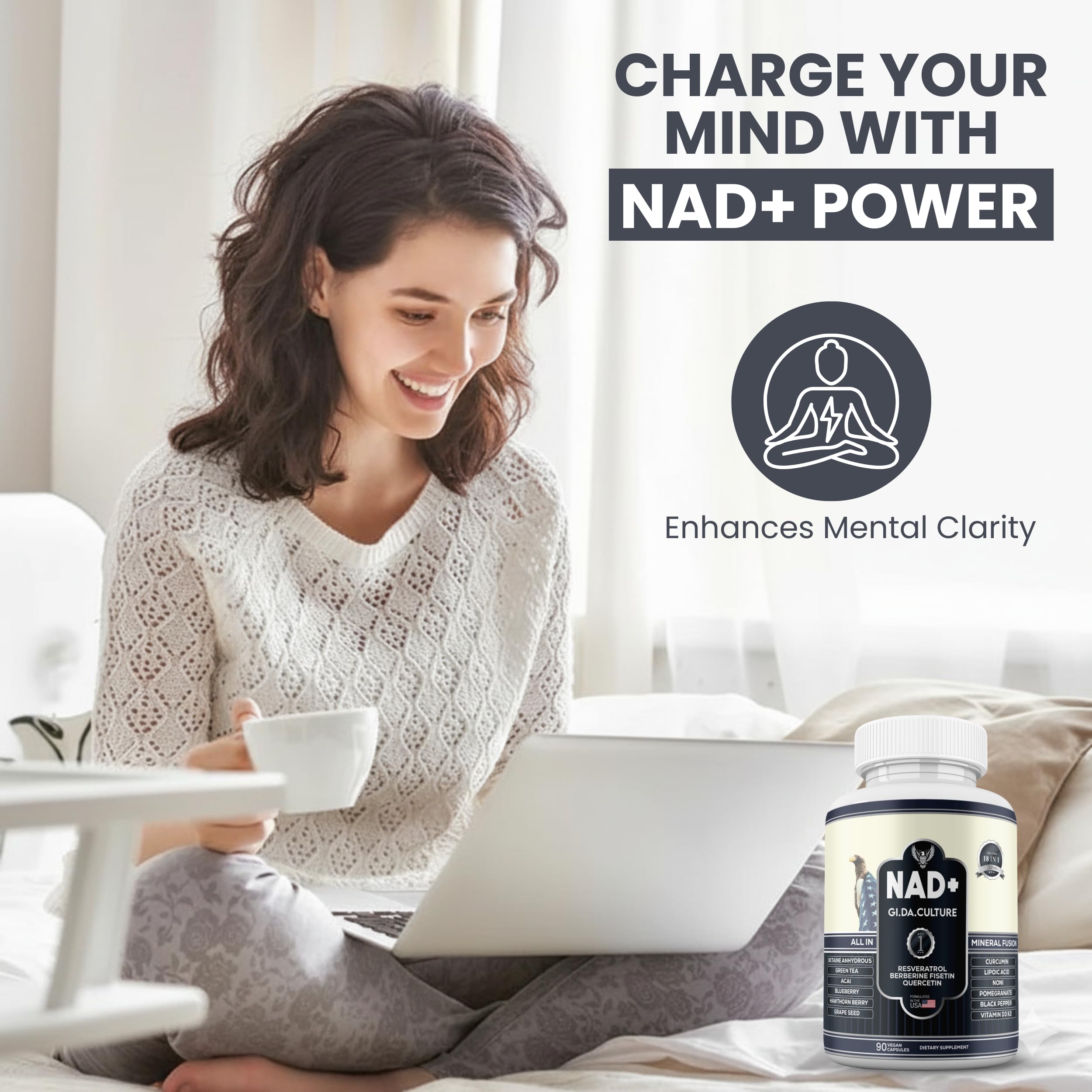 GI.DA. Culture NAD+ NMN Capsules with Resveratrol – USA Made, 90 Count, Energy & Healthy Aging