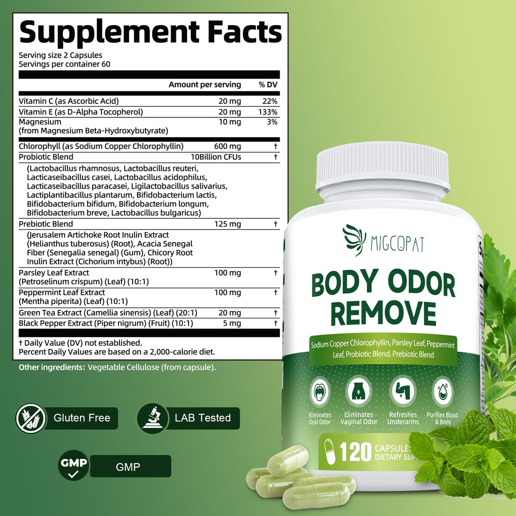 Chlorophyll Body Deodorizing Supplement – 120 Caps, Parsley & Peppermint