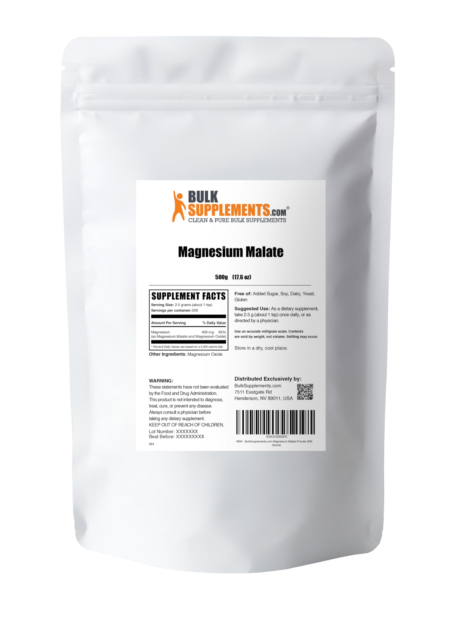 Magnesium Malate Powder | High Bioavailability, Gluten Free, 2.5g/Serving – 500g | BulkSupplements
