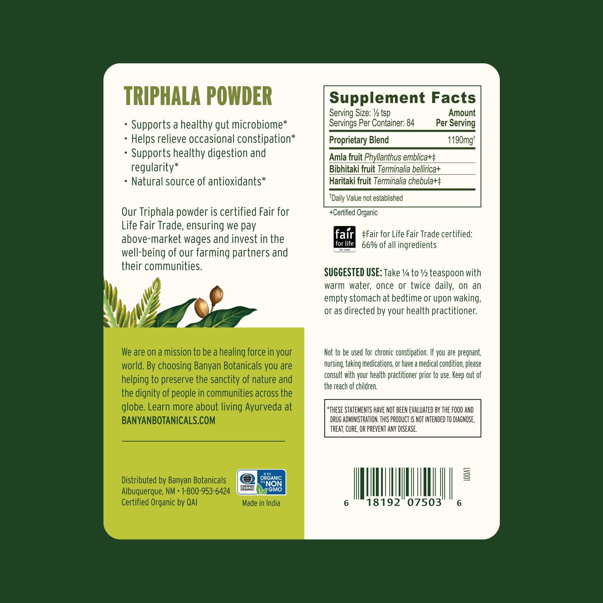 Banyan Botanicals Triphala Powder – Organic Digestion Supplement (Amla, Haritaki & Bibhitaki) – 3.5 oz – Non-GMO Vegan
