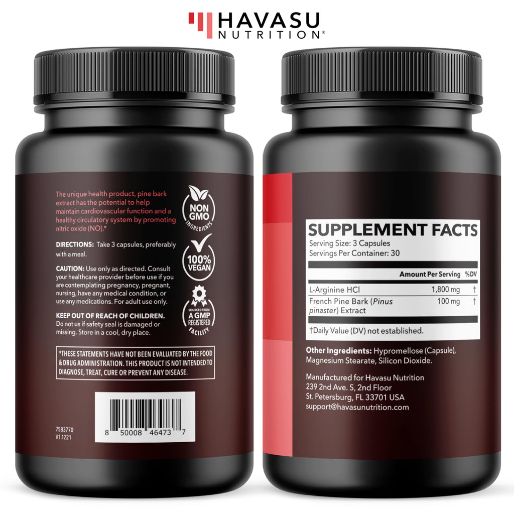 L-Arginine 1800mg & Pine Bark 100mg – Nitric Oxide for Men (90 Count)