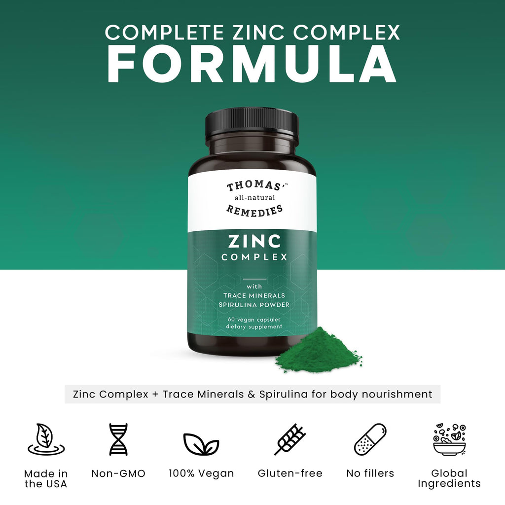 Thomas Zinc Complex 26mg – 6 Forms + Spirulina | Immune & Skin Support | 60 Caps | Made in USA