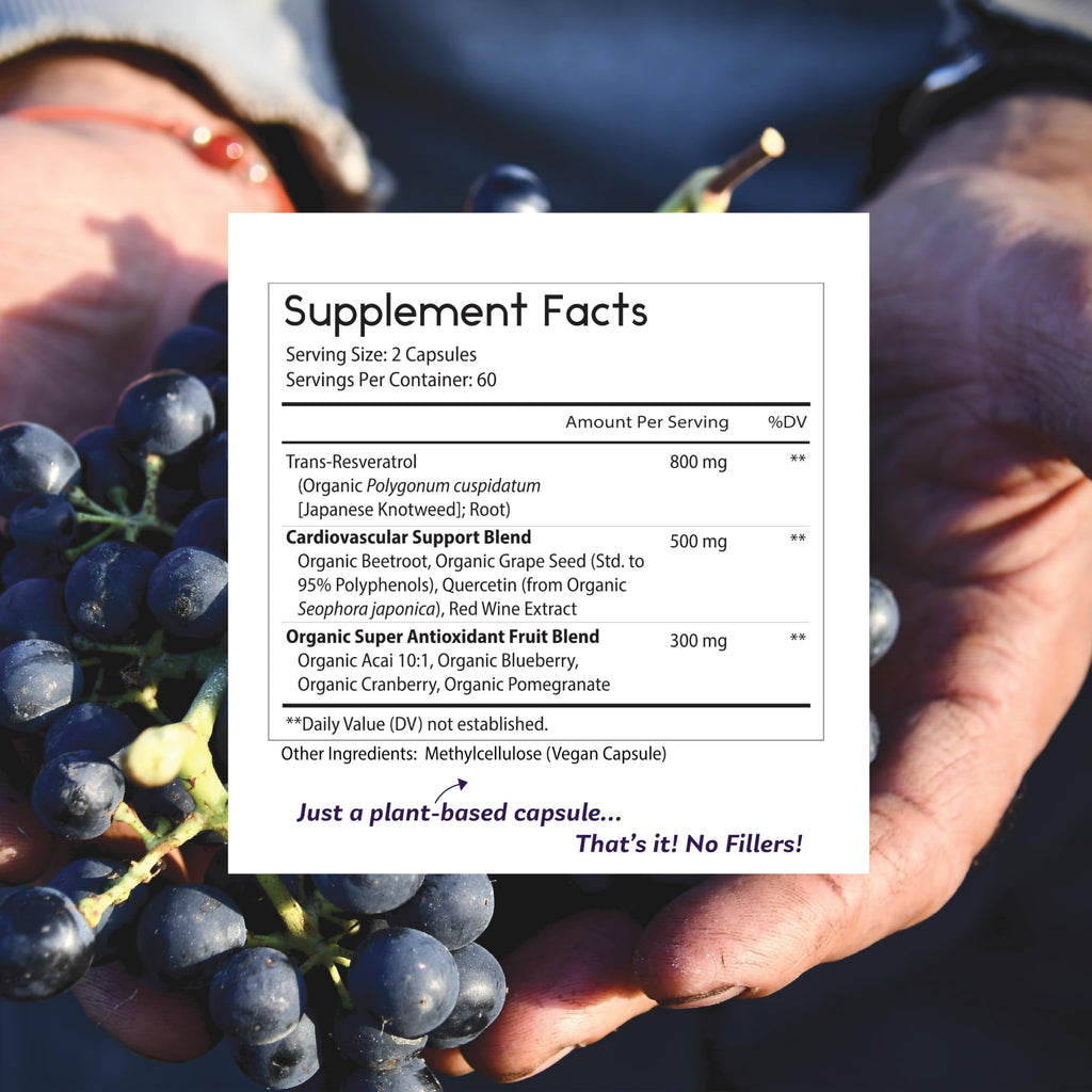 Thomas' All-Natural Resveratrol 1600mg – Organic Trans-Resveratrol with Grape Seed & Quercetin | Anti-Aging & Cardiovascular Support | 120 Capsules