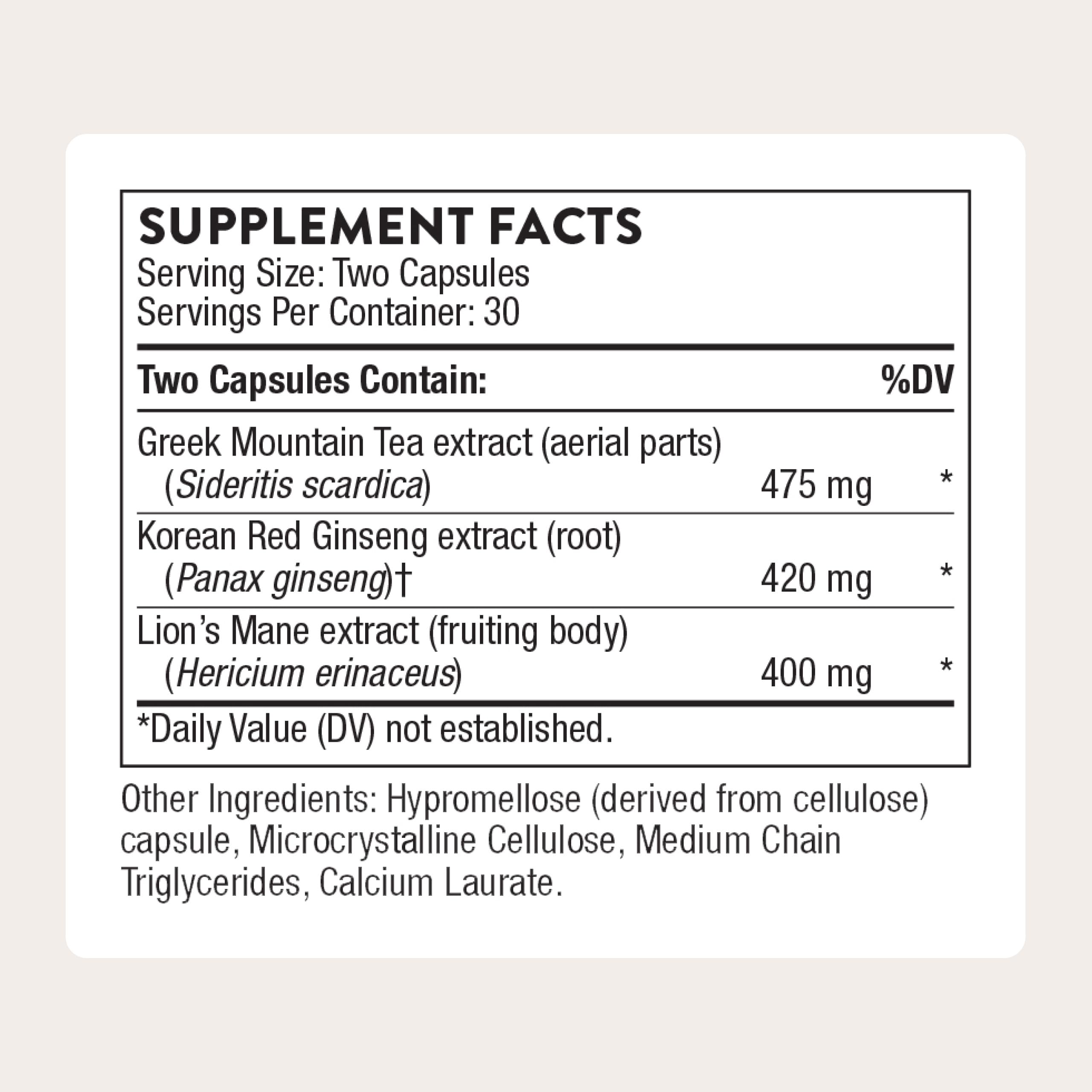 THORNE Ginseng Plus – Focus, Cognition & Memory Support with Korean Red Ginseng, Lion's Mane & Greek Mountain Tea | 60 Capsules