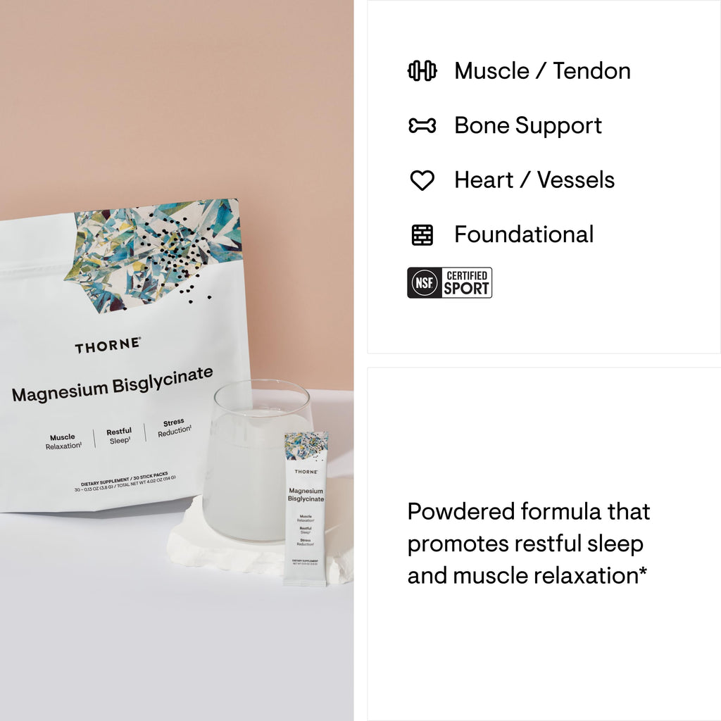 THORNE Magnesium Bisglycinate Powder – Restful Sleep, Muscle Relaxation, Heart Health & Metabolism Support | NSF Certified for Sport | 30 Servings | 0.13 Oz per Stick Pack