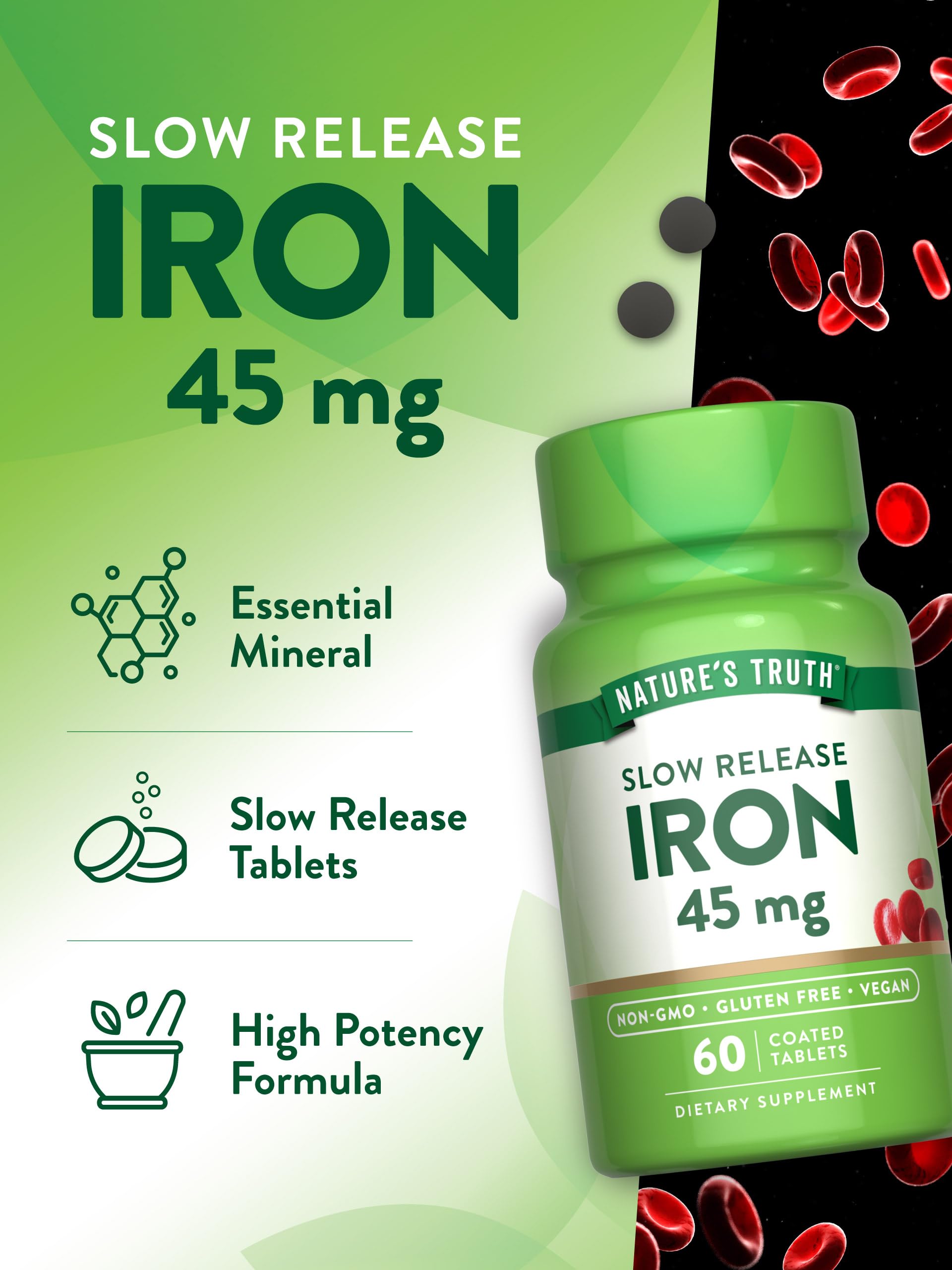 Nature's Truth Iron Supplement – 45 mg, 60 Pills, Ferrous Sulfate | Non-GMO & Gluten Free