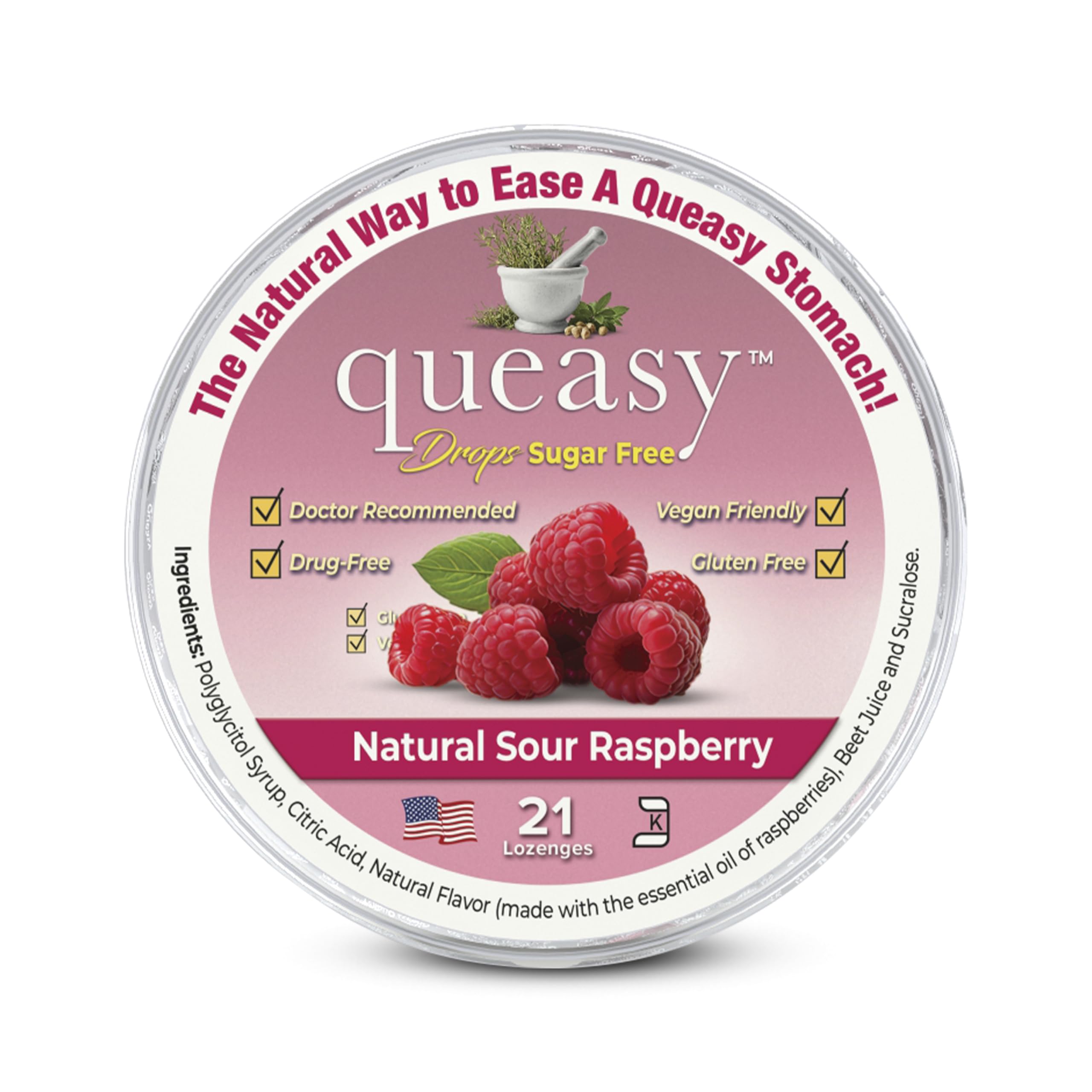 Three Lollies Queasy Drops Sugar Free - Natural Sour Raspberry, Nausea & Travel Support (21ct)