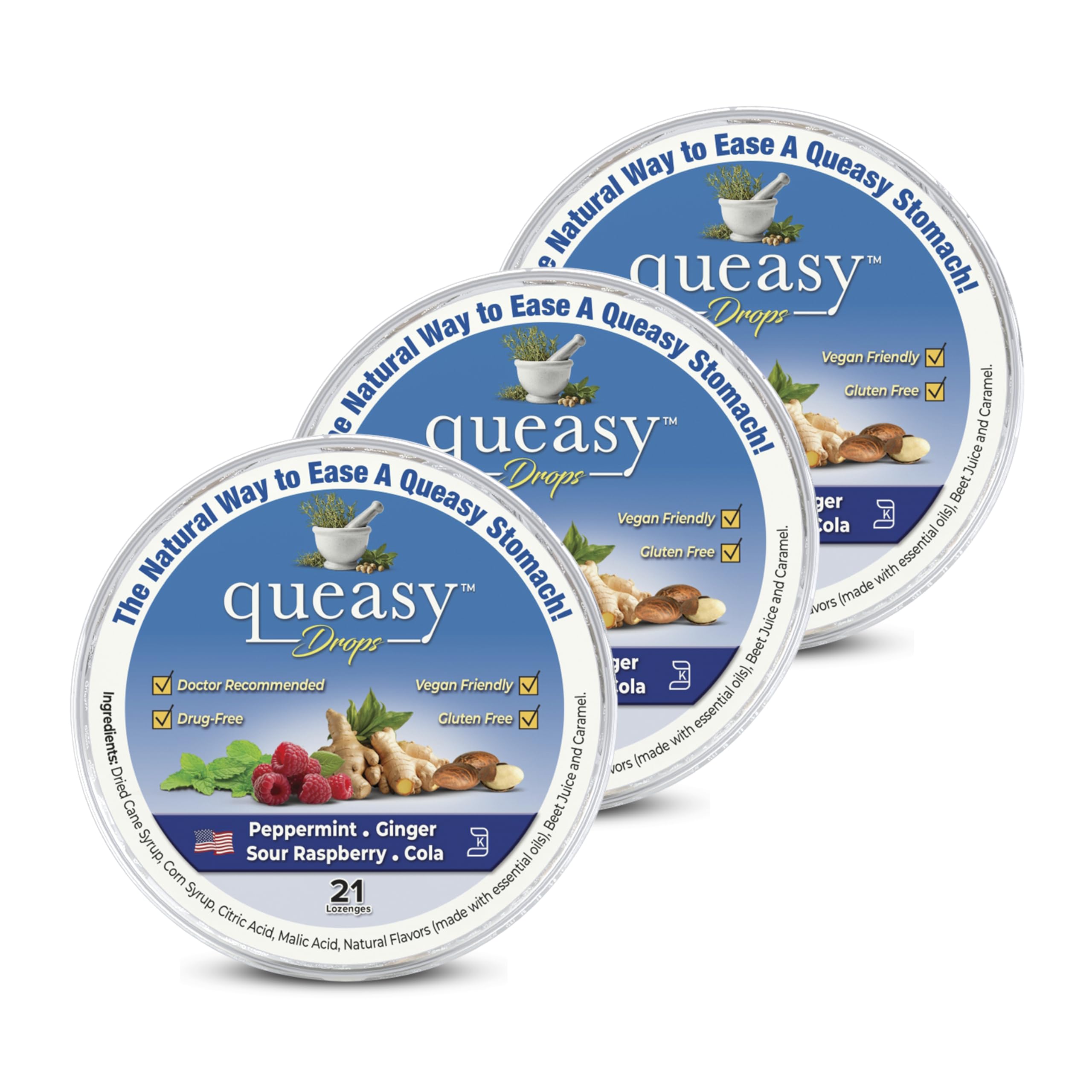 Three Lollies Queasy Drops – Nausea Relief, Travel Sickness, 4 Flavors, 21ct (Pack of 3)