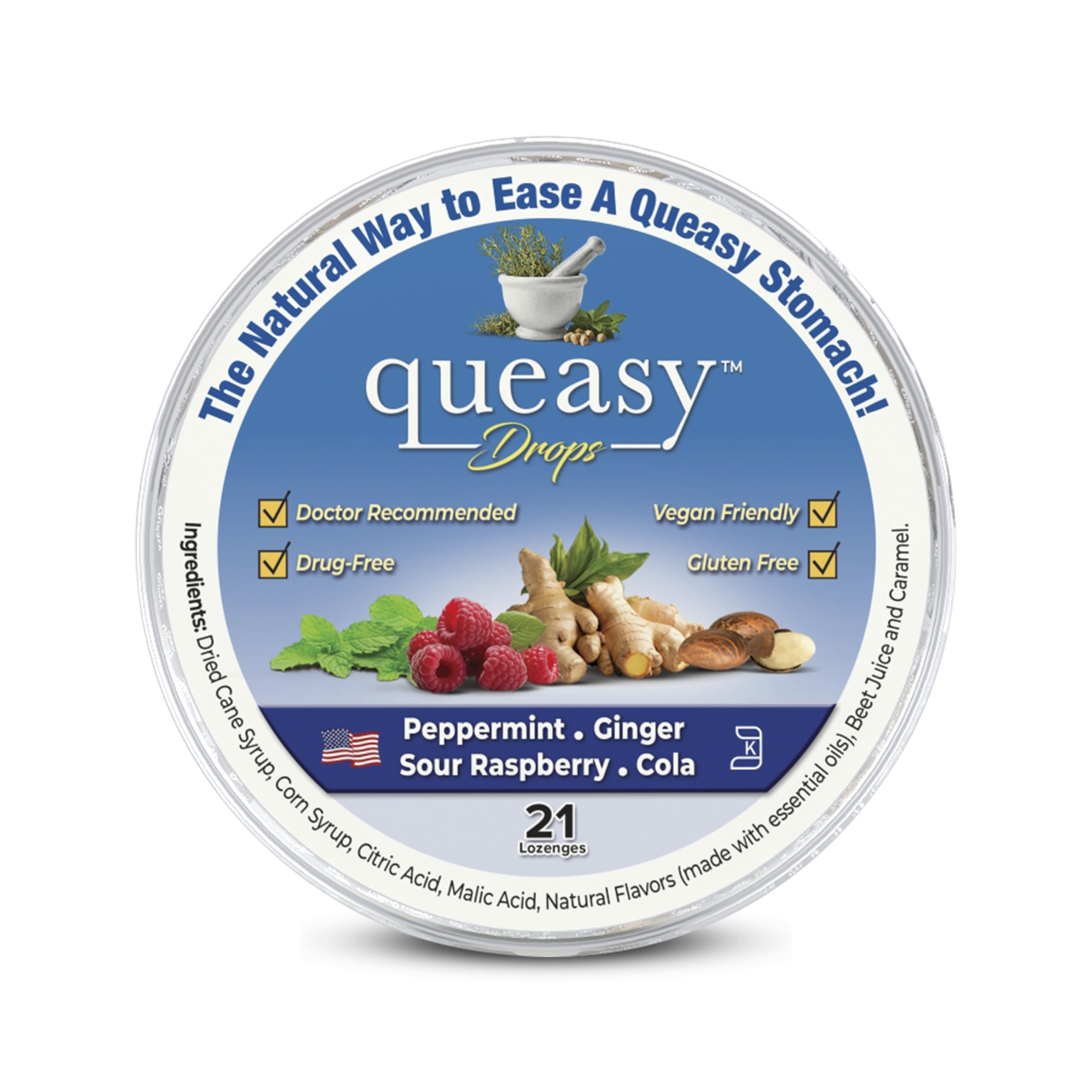 Three Lollies Queasy Drops - Natural Nausea Relief for Chemotherapy & Travel Sickness | 21 Count