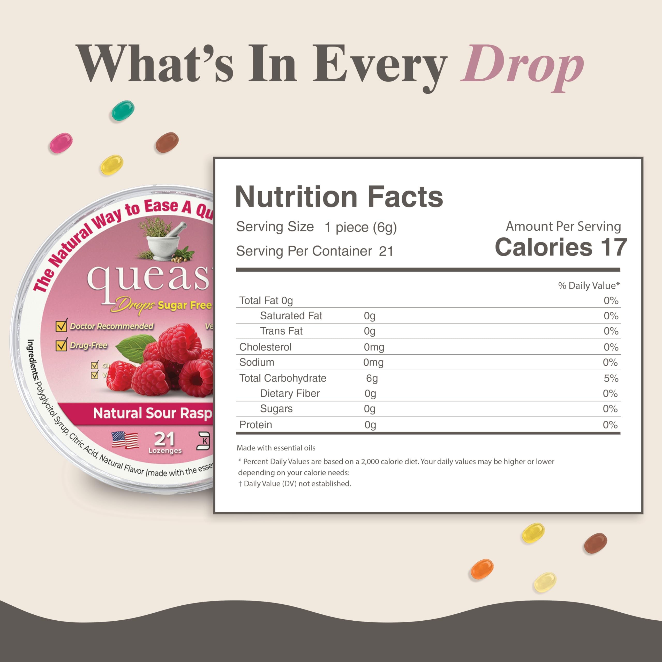 Three Lollies Queasy Drops Sugar Free - Natural Sour Raspberry, Nausea & Travel Support (21ct)