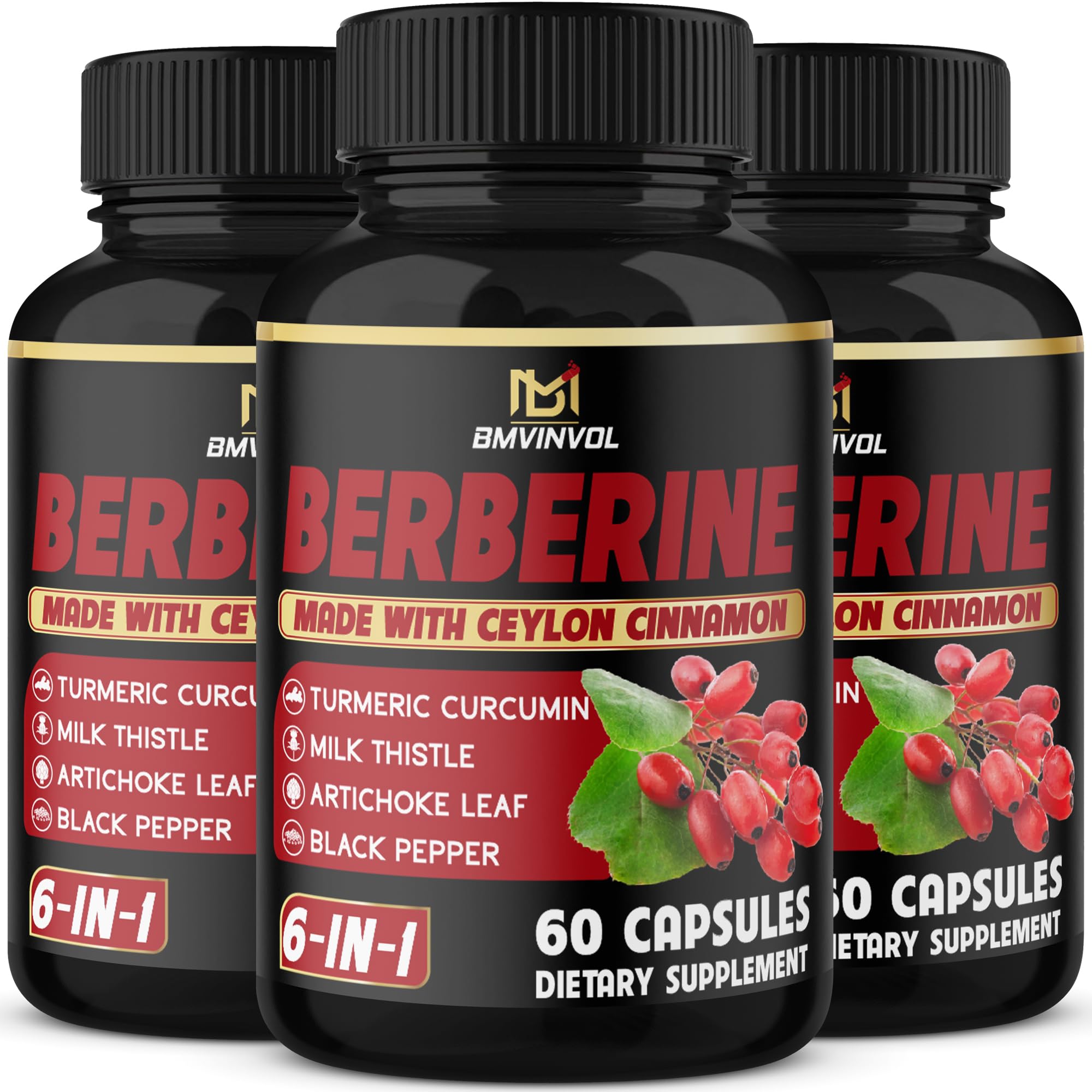 (3 Packs) Berberine Supplement Plus Ceylon Cinnamon, Milk Thistle, Turmeric, Artichoke Leaf, Black Pepper - 6 Month Supply