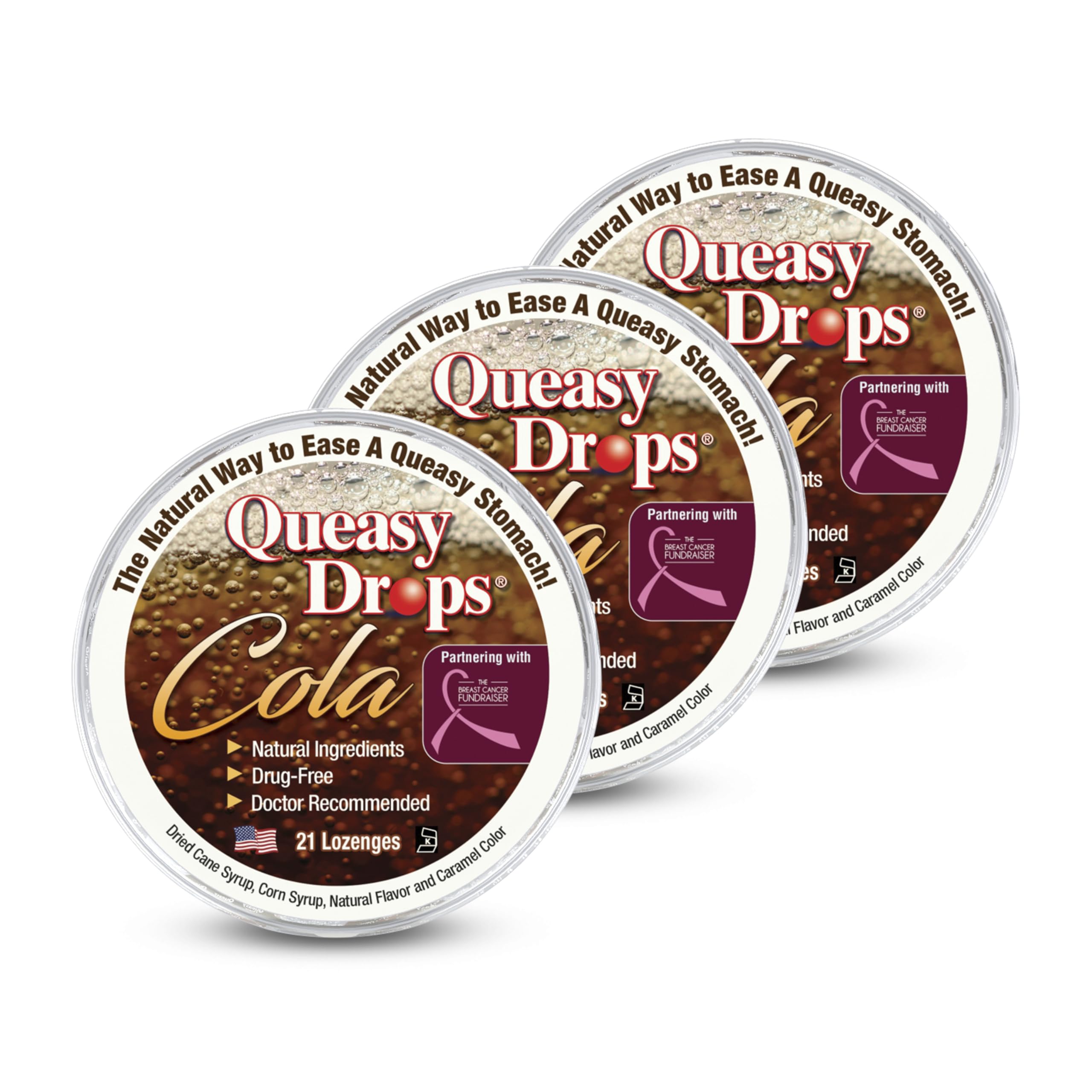 Three Lollies Queasy Drops Cola Flavor – Nausea & Travel Sickness Relief, Dry Mouth Soothing (21 ct, 3-Pack)