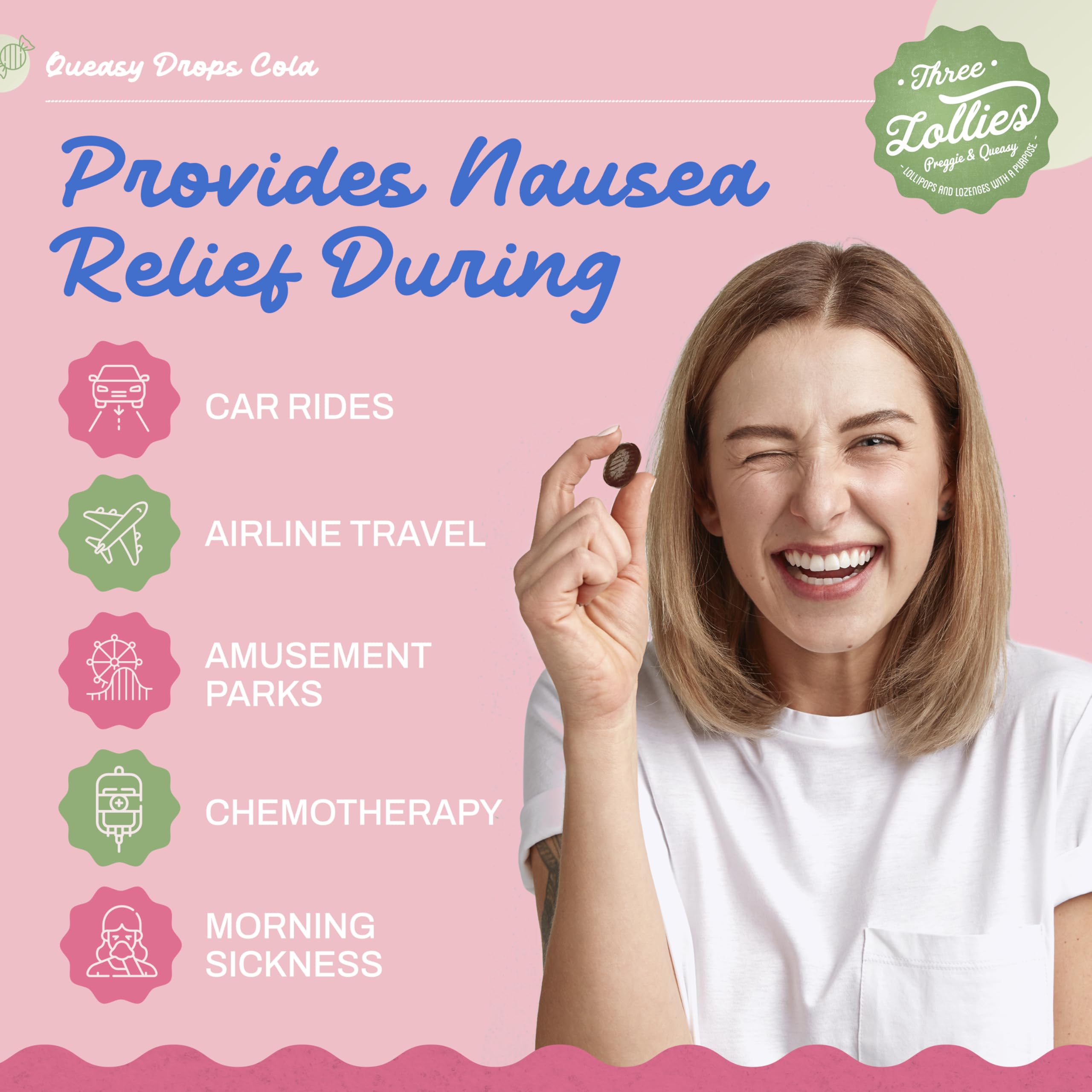Three Lollies Queasy Drops Cola Flavor – Nausea & Travel Sickness Relief, Dry Mouth Soothing (21 ct, 3-Pack)